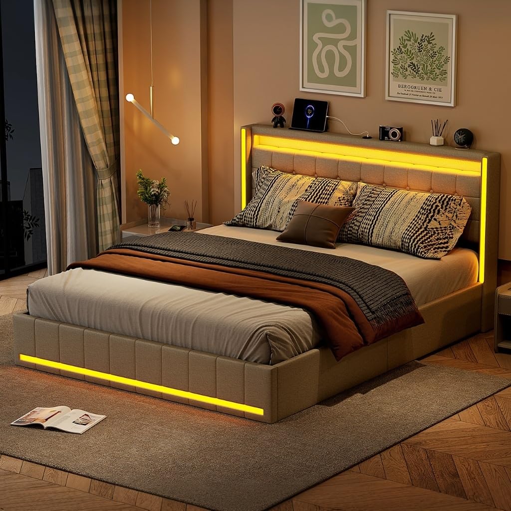 BRILVERDE Łóżko tapicerowane 180 x 200 cm, z miejscem do przechowywania, podwójne łóżko z USB i LED, łóżko młodzieżowe z 4 szufladami, łóżko funkcyjne, rama łóżka ze stelażem, len (beżowe, 180 x 200