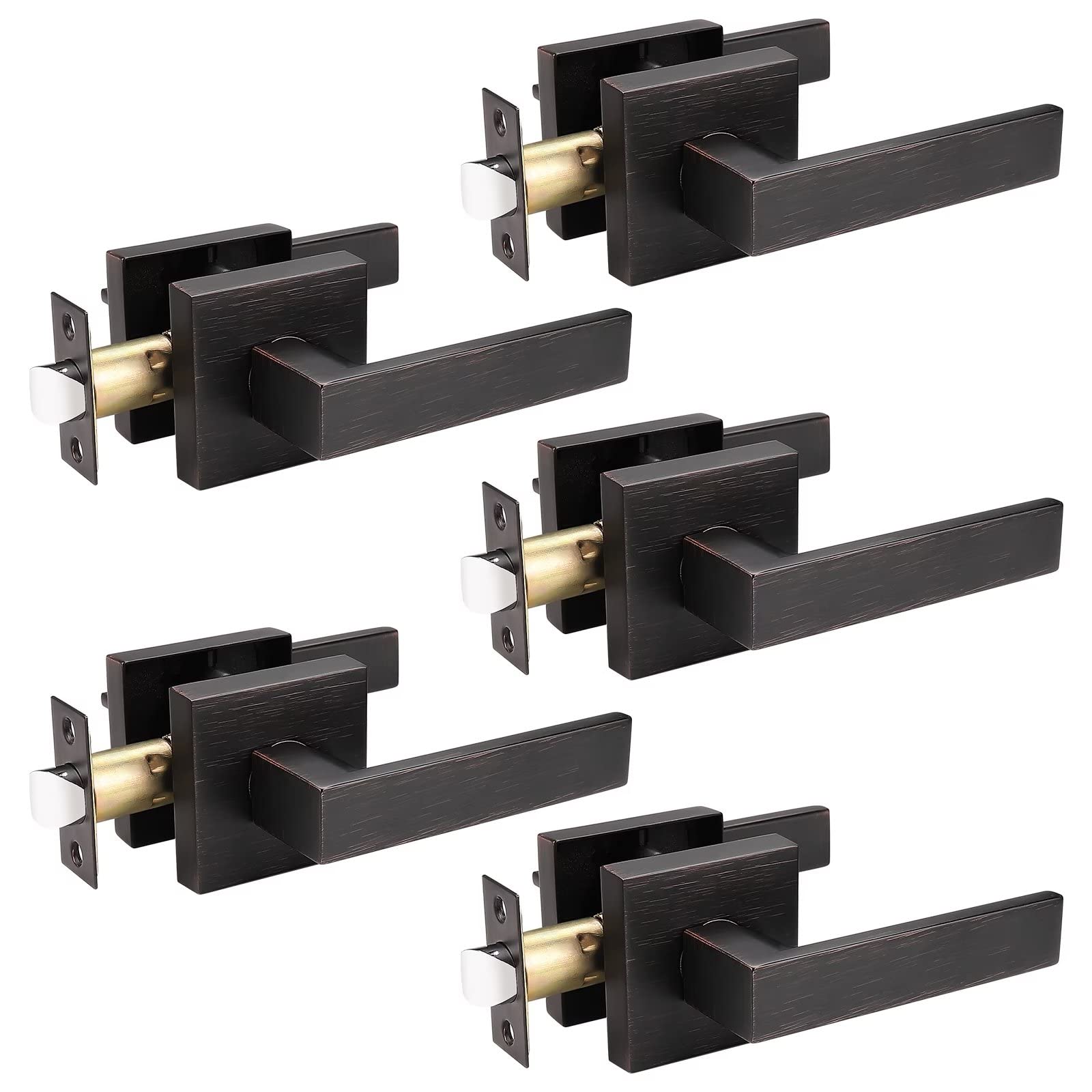 Probrico 5 Pack Heavy Duty Passage Door Lever for Closets and Hallway, Moden Square Keyless Door Handle Set with Oil Rubbed Bronze Finish, Non-Locking Interior Door Knobs