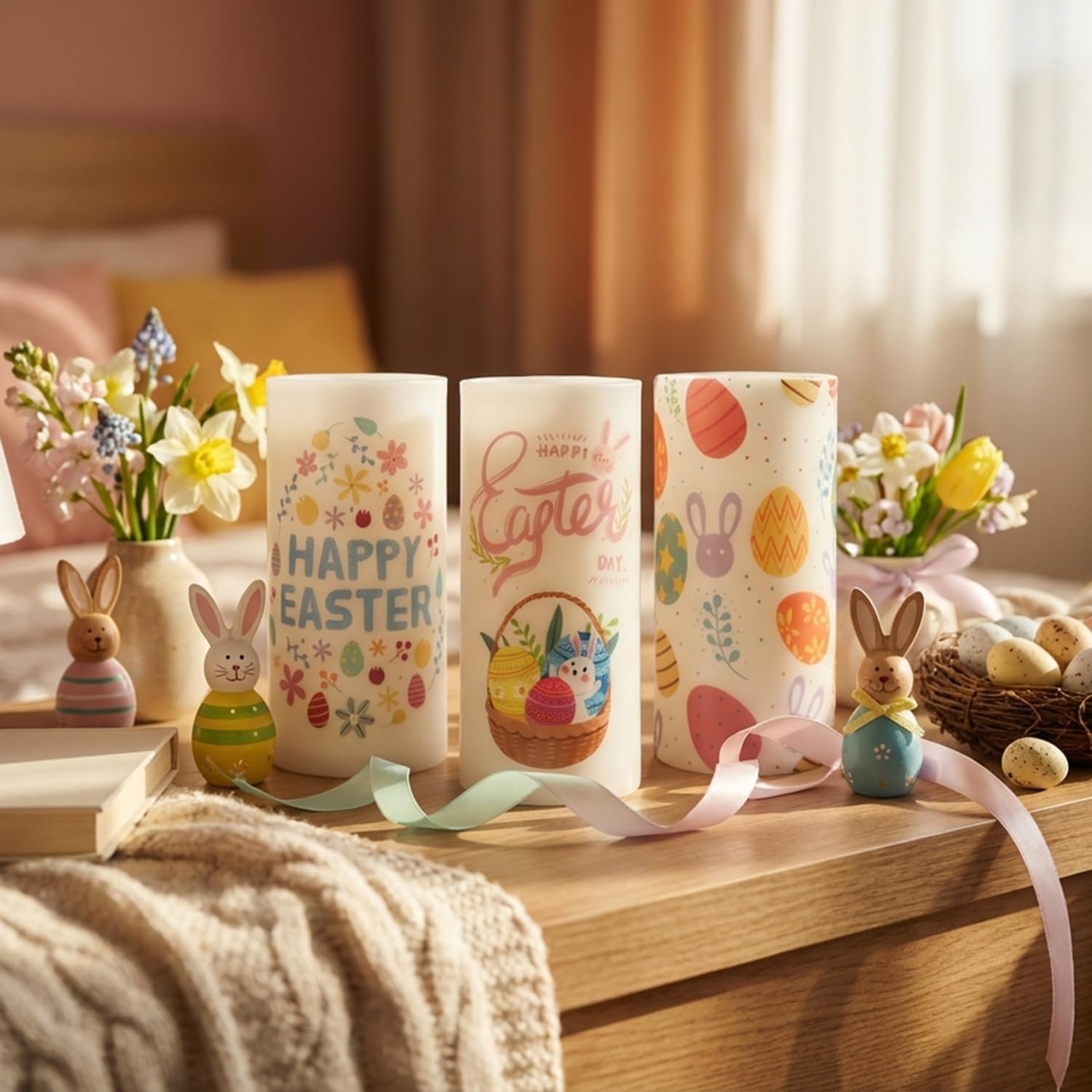 3 Pcs Easter Flameless Candles,Battery Operated Candle, Rabbit Egg Design with Timer Remote, Happy Easter Day Gift for Bedroom Living Room Decor Farmhouse