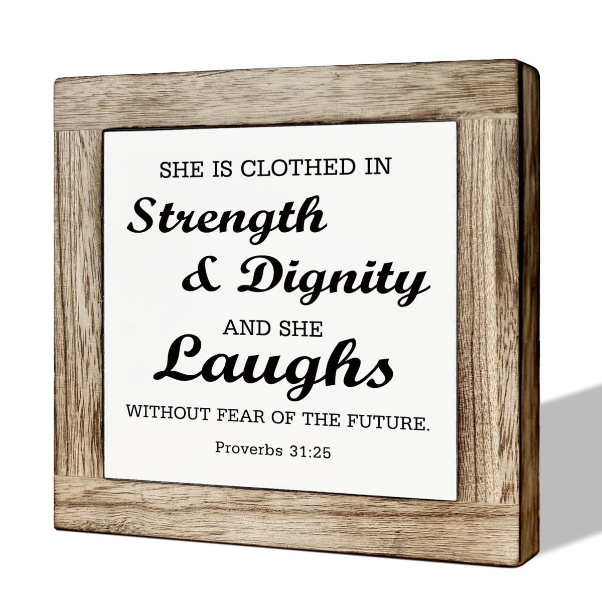 Christian Decor Art, Religious Home Decor, Inspirational Desk Sign for Women Office Decoration, Bible Verse Artwork, Christian Gift for Her, She is Clothed in Strength and Dignity Sign