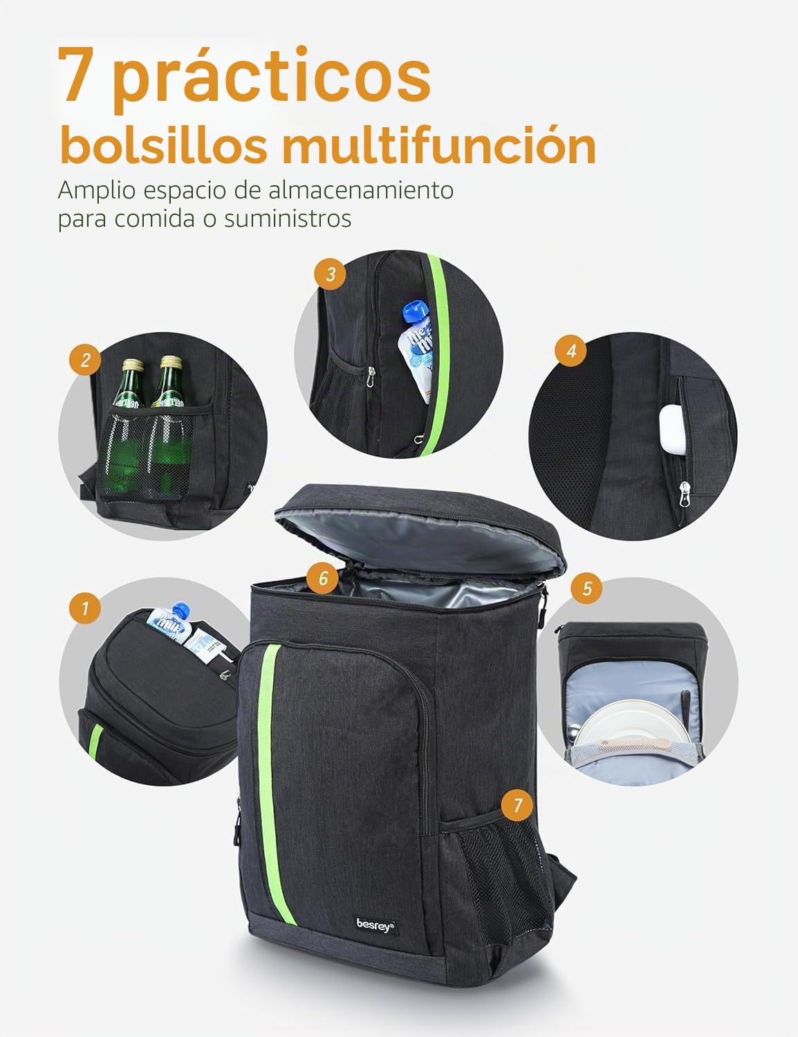 Besrey - Mochila térmica de 30 litros, Bolsa térmica, Mochila isotérmica, portaalmuerzos, Mantiene los Alimentos Calientes o fríos. para Camping, pícnic, Barbacoa, Eventos (Negro)