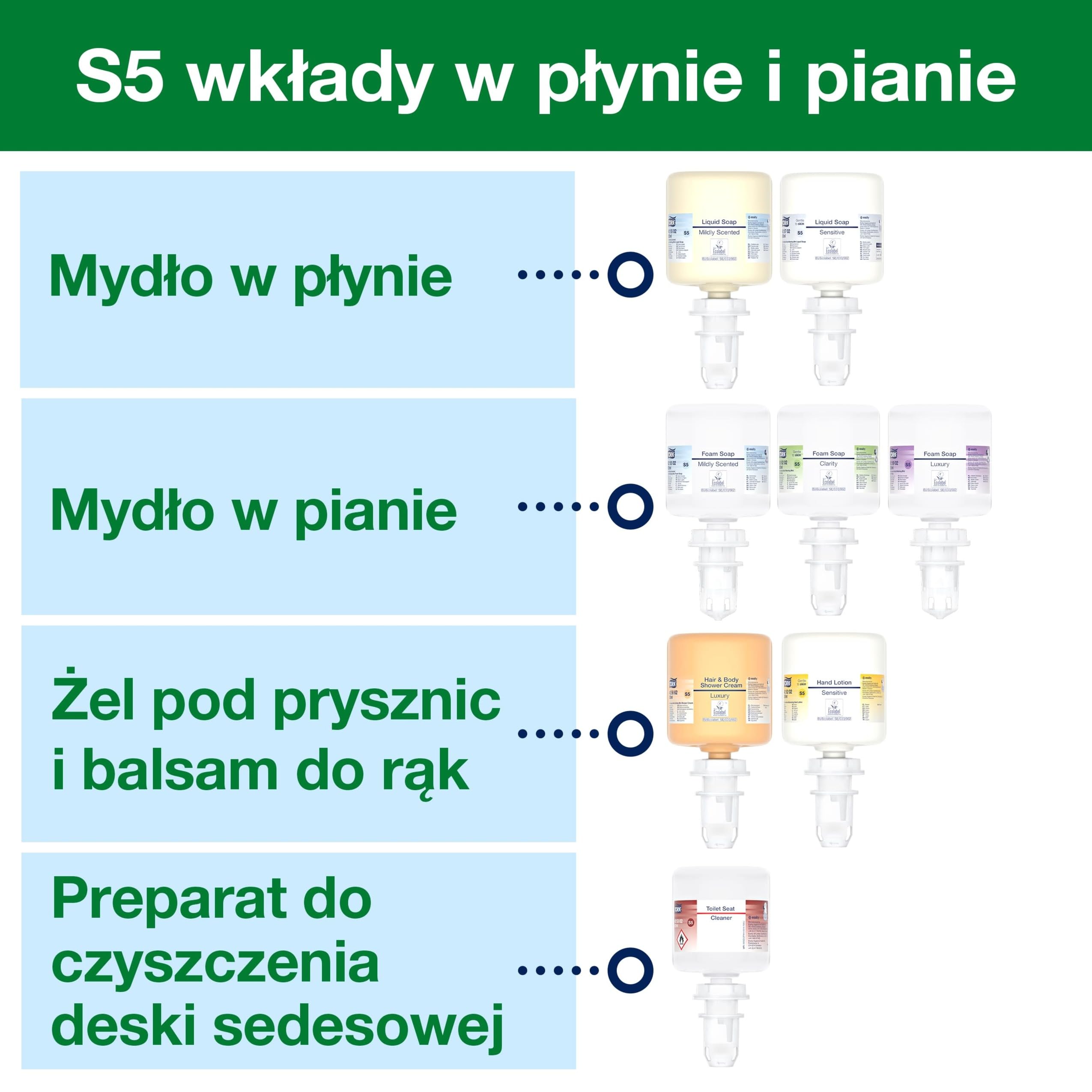 Tork mini dozownik do mydła i środków dezynfekujących czarny S5, wkłady w pianie, płynie, żelu i balsamie, linia Elevation, 565208, 6 sztuk