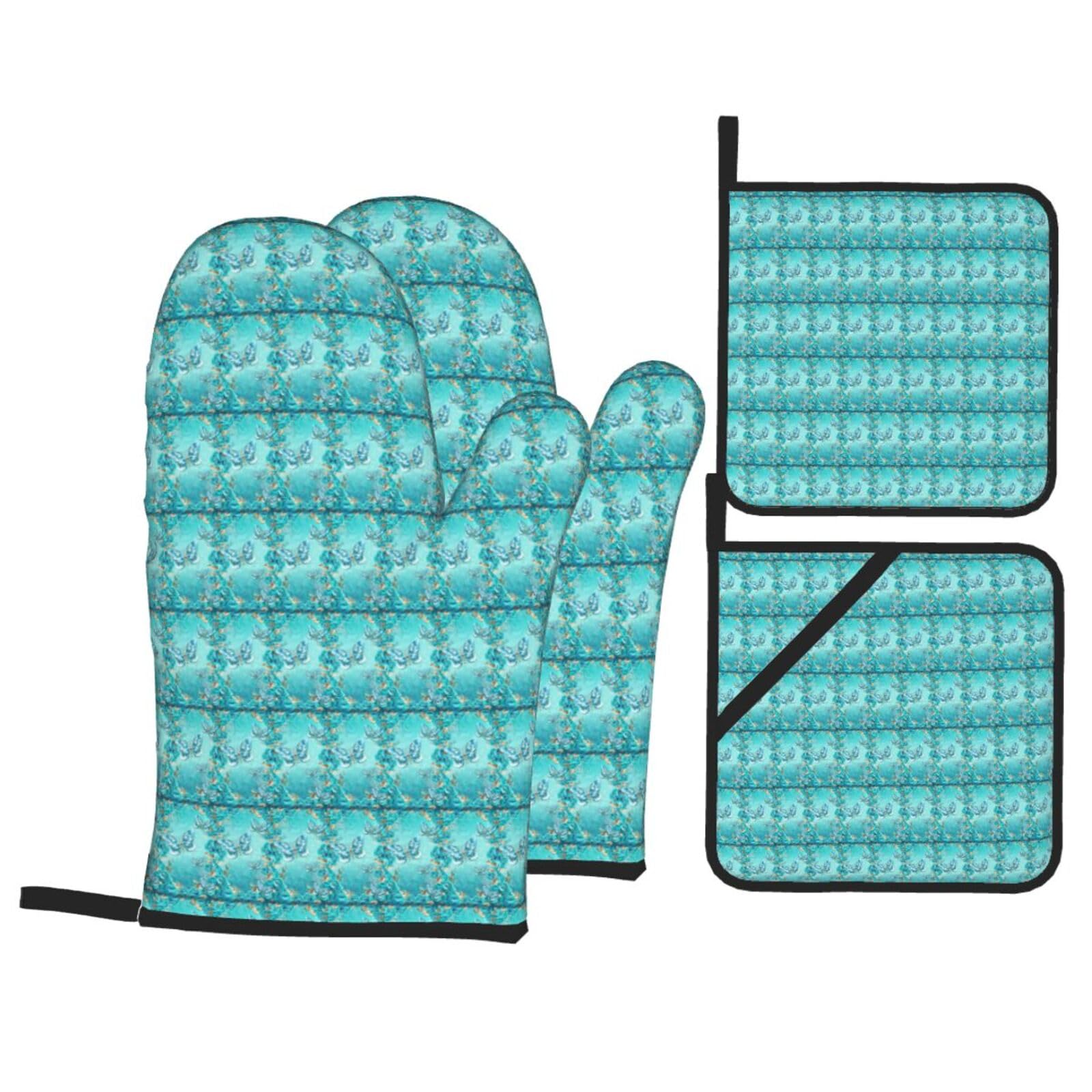 Light Blue Butterfly Print 4-Piece Heat-Resistant Oven Waterproof Kitchen Gloves Cooking Roasting Essential