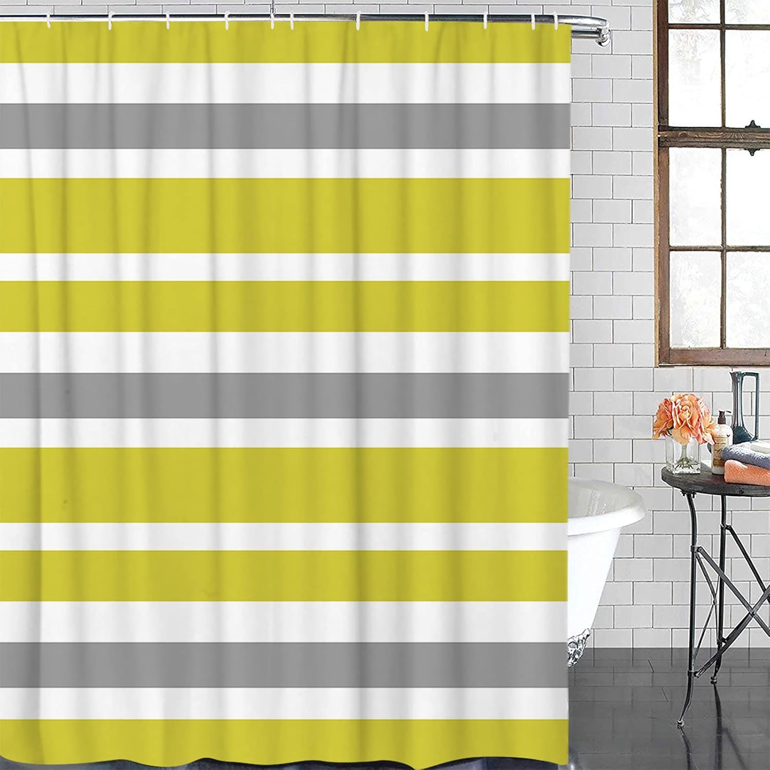 Queenker Yellow Gray White Shower Curtain for Bathroom, Fabric Geometric Stripes Shower Curtain with Hooks Bathroom Decor Waterproof Shower Curtains Machine Washable for Home Hotel, 36" W x 72" L