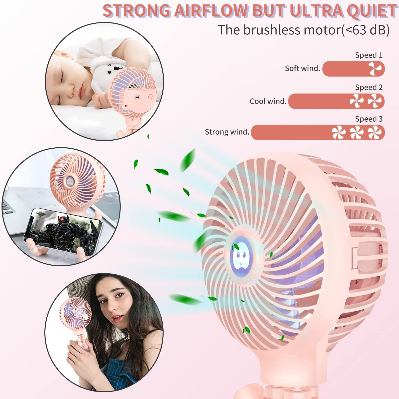 Ventilatore Da Passeggino Ricaricabile USB - 3 Velocit&agrave;, Treppiede Flessibile E Clip