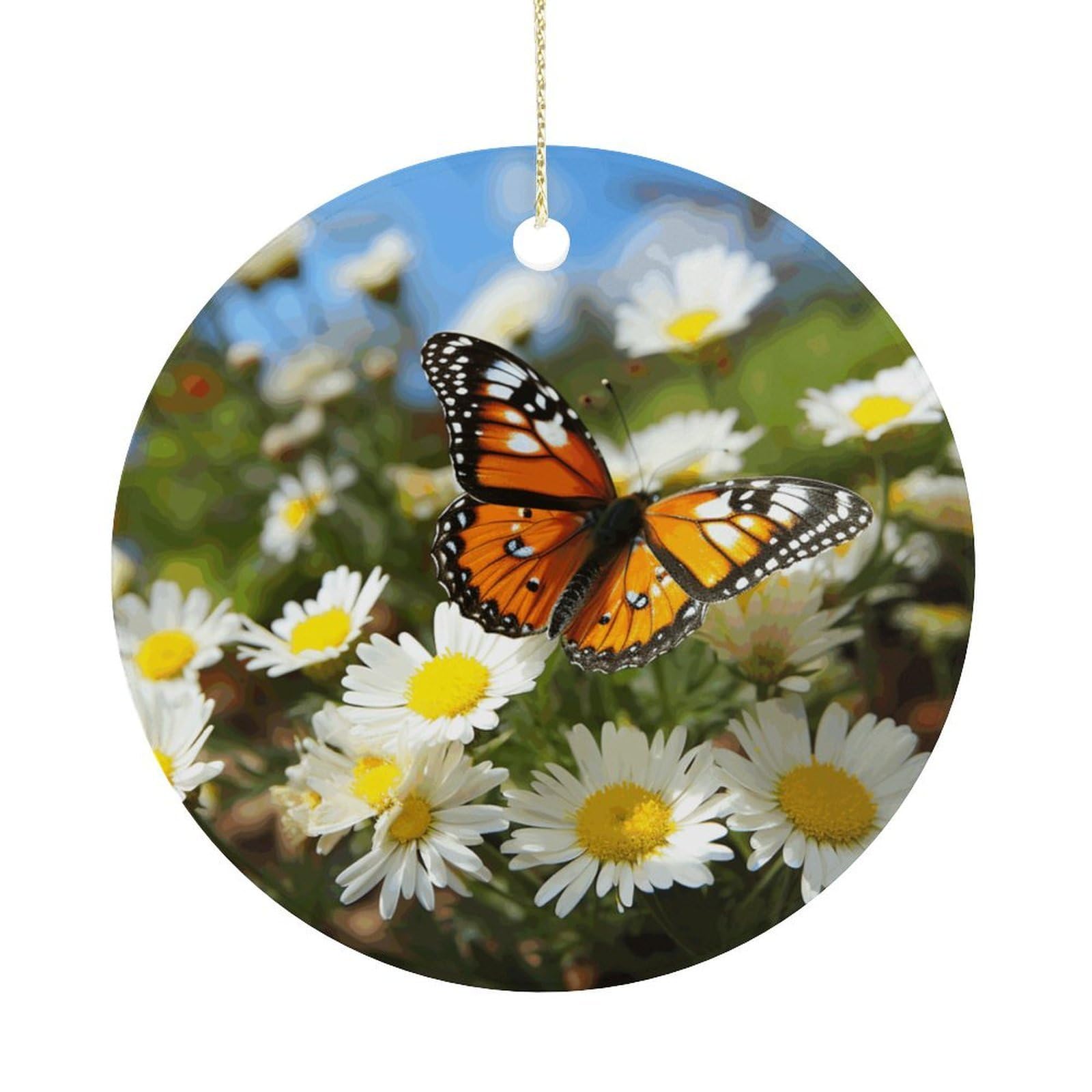 Butterfly on Daisy Flower Christmas Ornaments Colorful Round Ceramic Ornament Christmas Hanging Decor Christmas Tree Decorations Xmas Keepsake for Women Men Xmas Holiday Party