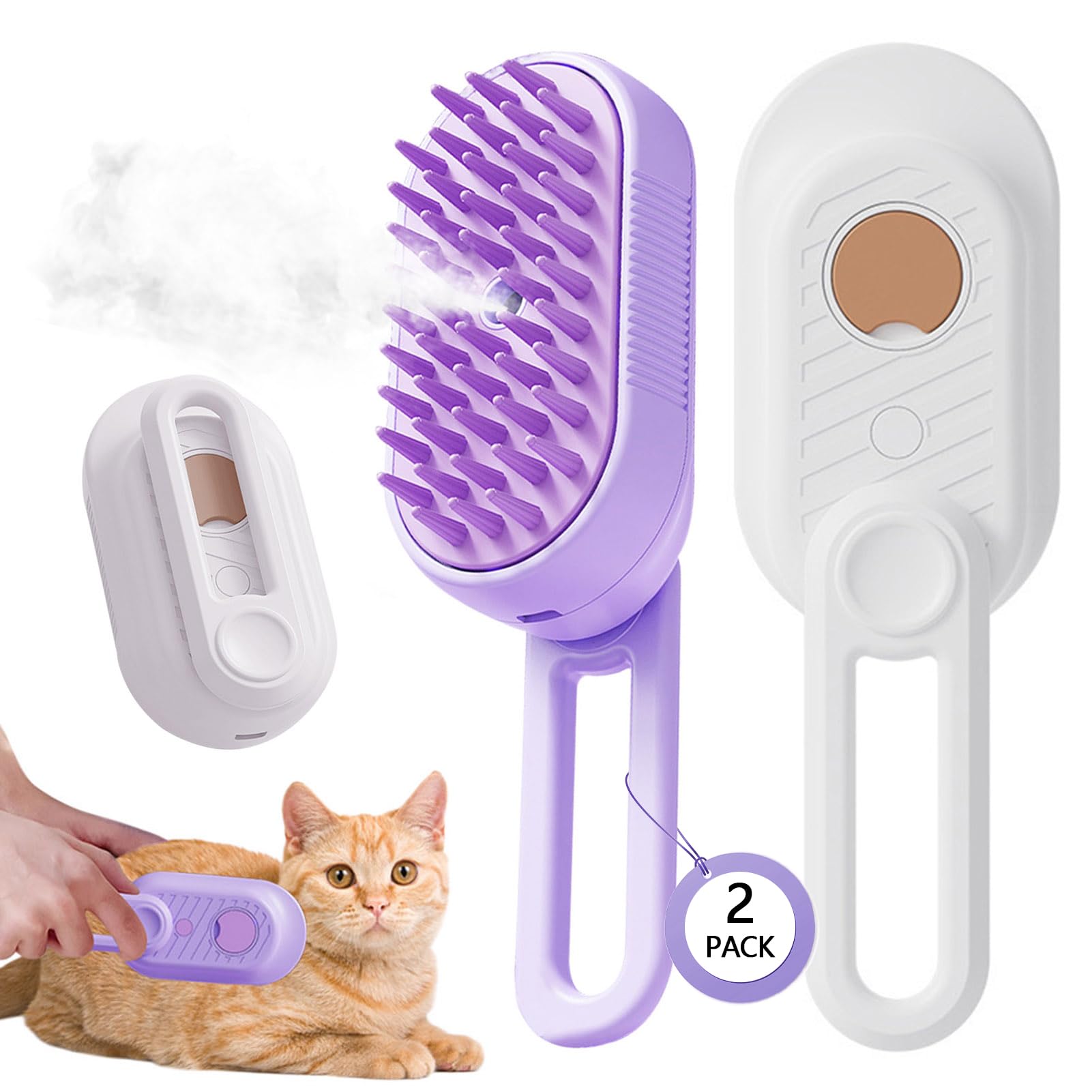2 Pcs Upgraded Steam Pet Grooming Brush - 3 in 1 Water Brush for Cats & Dogs, Anti-Static Purple & White