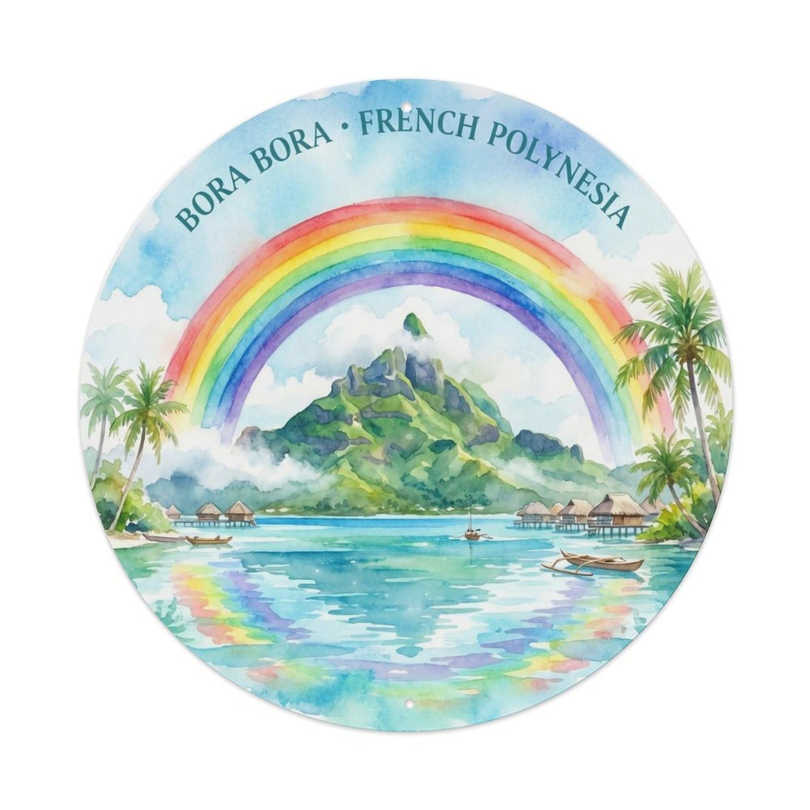 Olyhtr 8X8inch Classic Style Rainbow Lagoon Borabora Island Watercolor Landscape Metal Tin Sign
