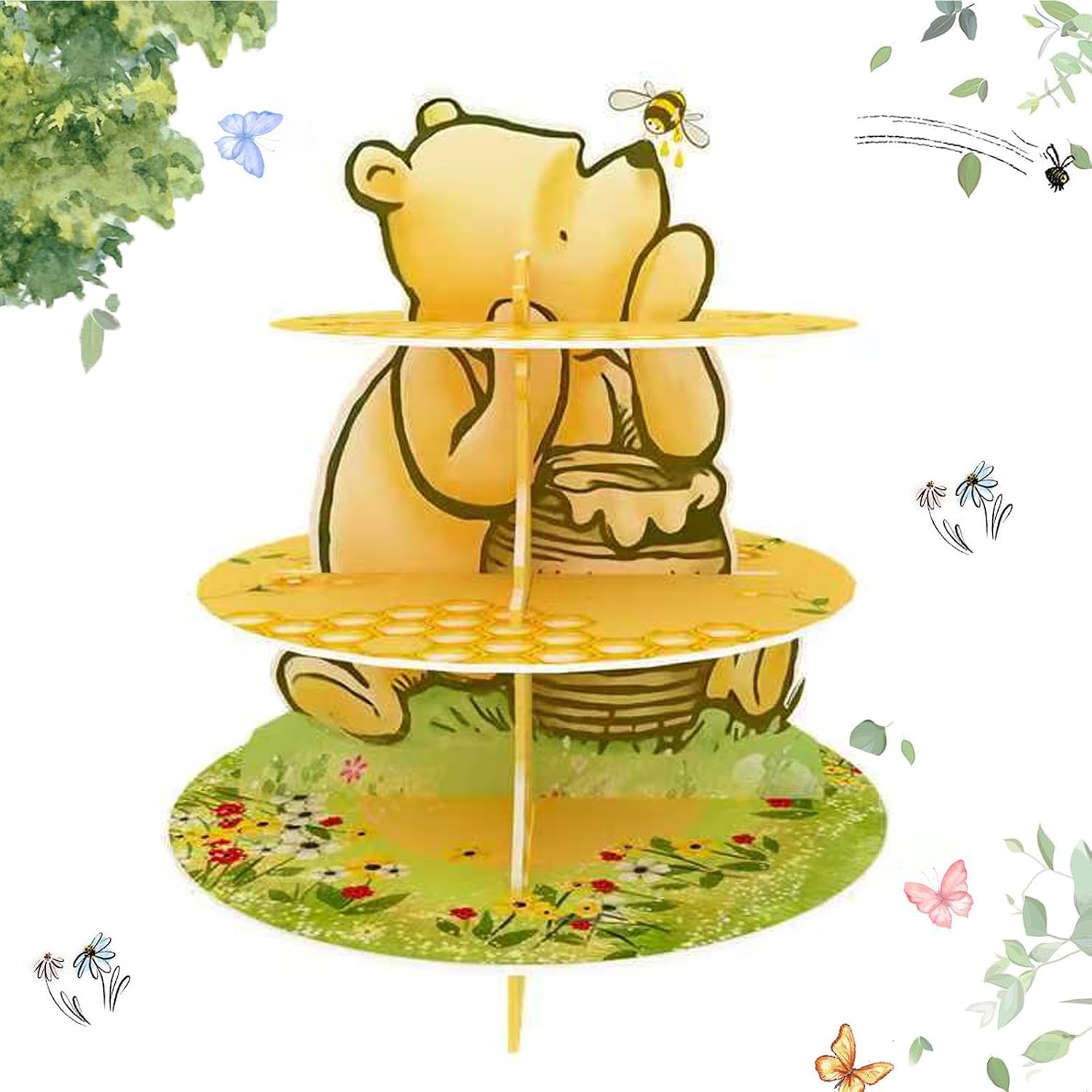 B4b3e Winnie Dessert Holder Cupcake Stand Holder 3 Tier Party Decorations, Classic Winnie Cupcake Stand for Kids Winnie Theme Party Supplies Vintage Bear Birthday Dessert Holder Cardboard Cake Stand