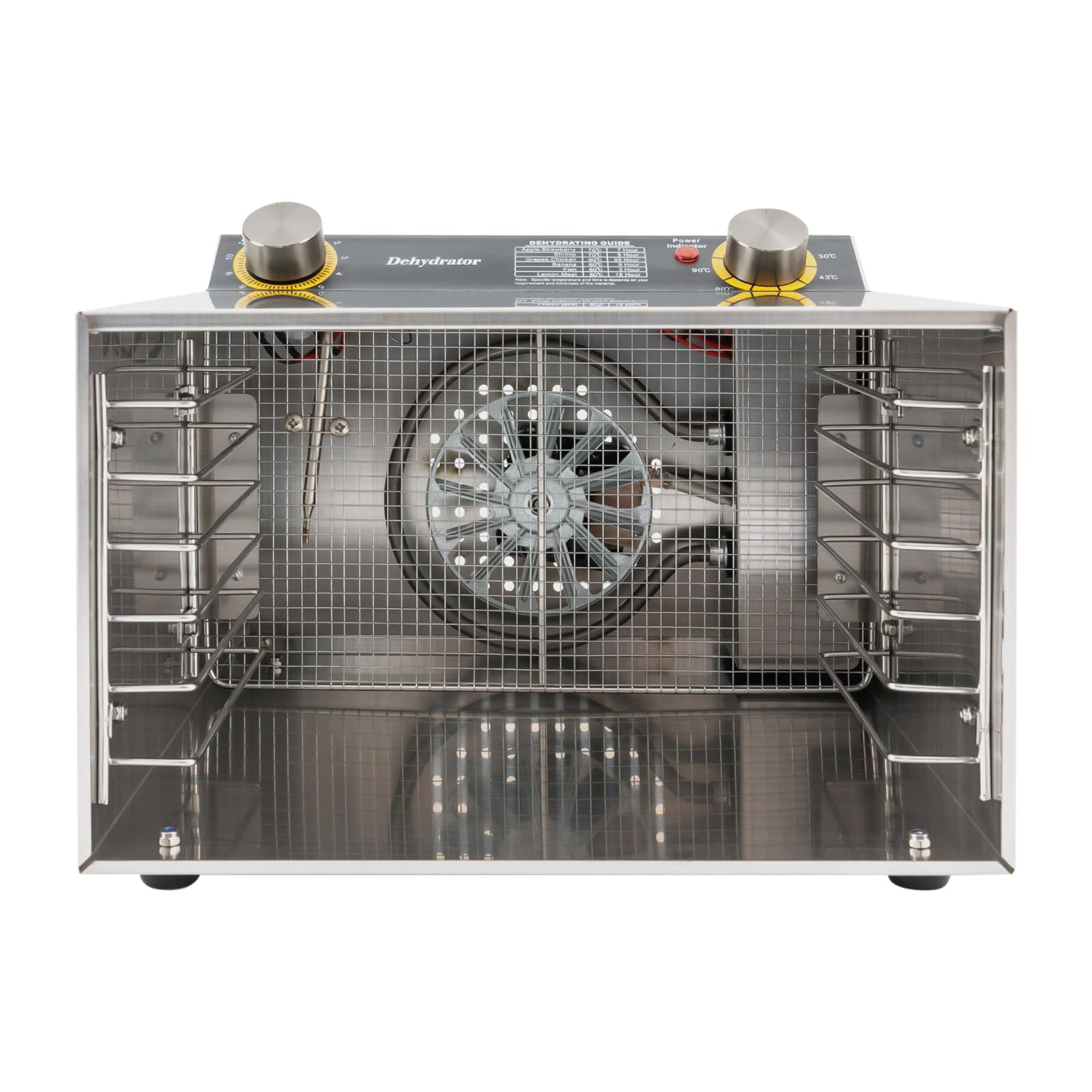 Suszarka ze stali nierdzewnej, z tackami o regulowanej wysokości, wyświetlacz LED, 400 W, 30-90°C, timer 12 h, do żywności, grzybów, owoców, mięsa, ryb, warzyw, bez BPA