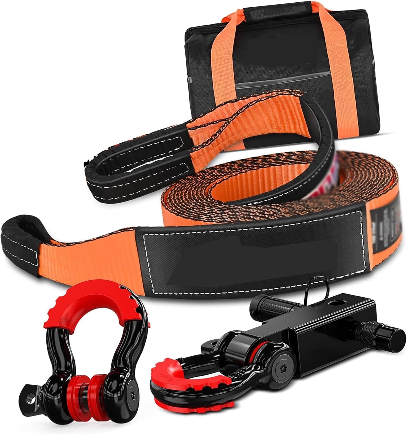 munirater 3" x 20' Recovery Tow Strap Kit with 2Pcs 3/4" Anti-Theft D-Ring Shackle Replacement for Towing Truck Car SUV ATV