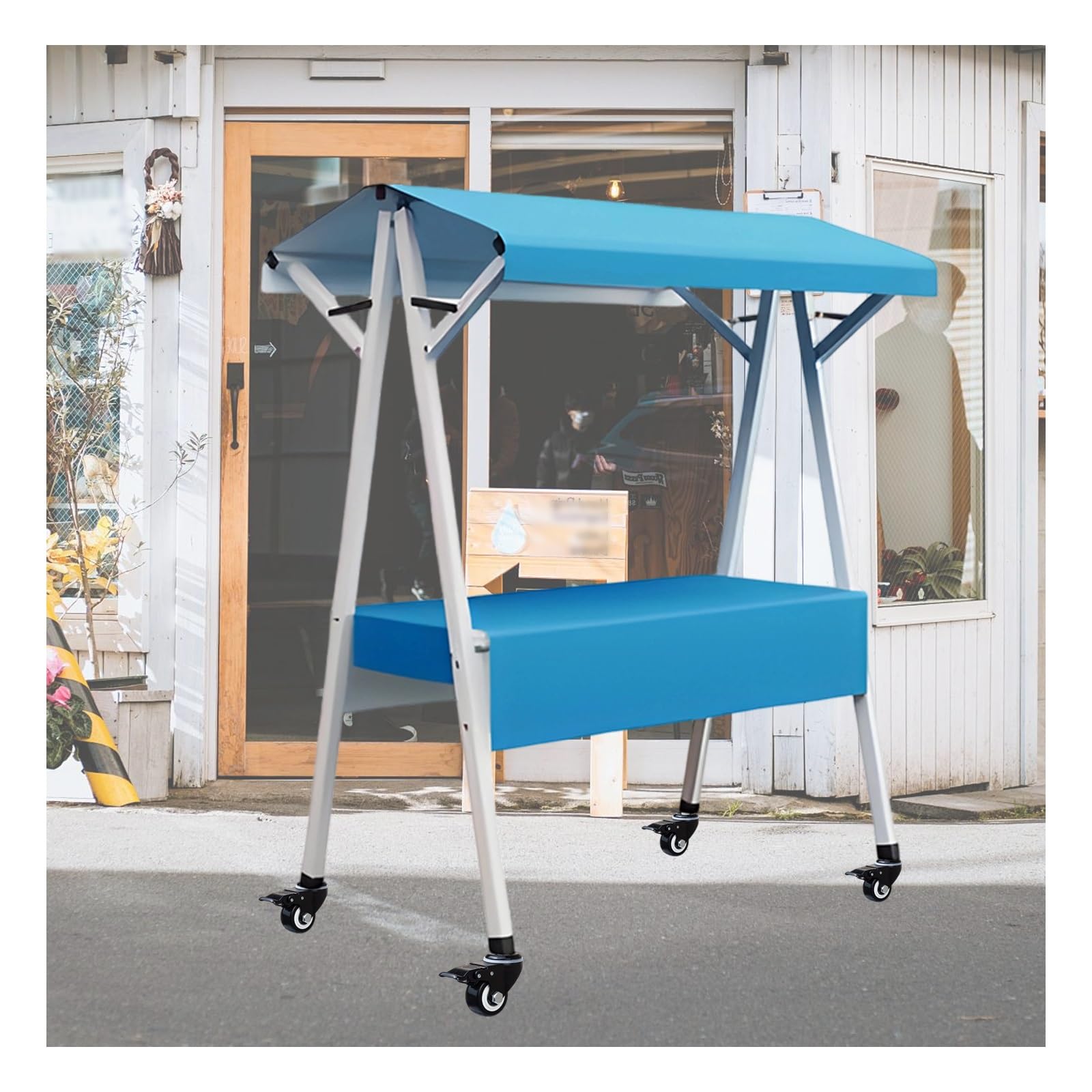 Puesto de mercado, carrito de vendedor ambulante con ruedas, caseta de venta plegable con toldo a rayas, protección contra el sol y la lluvia(Red,110x60x200cm)