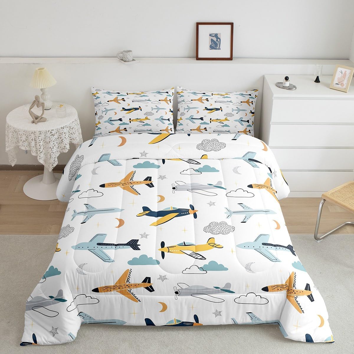 Feelyou Aircraft Comforter Set Queen Size Kids Yellow Blue Bedding Set Aircraft Flying Comforter for Women Men Moon Star Pattern Quilt Set Multi 36 Queen