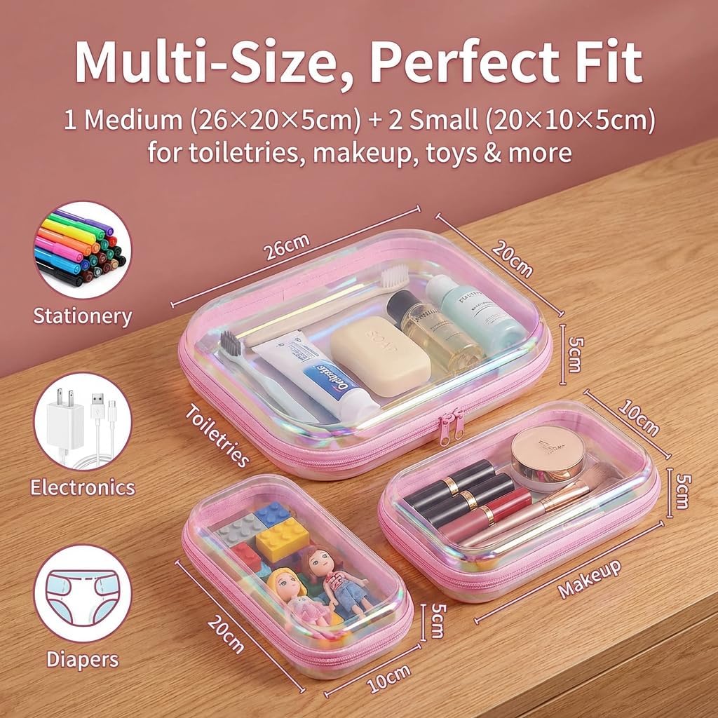 3Pcs Clear Hard Shell Zipper Case, TSA Approved Toiletry Bags with Iridescent Scratch-Proof Surface, Waterproof Cosmetic Bag Makeup Case Travel Organizer Pouches for Diapers, Toys Storage, 2S+1M
