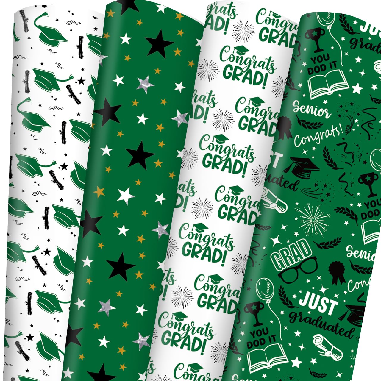 Adurself 28 x 40 In Graduation Wrapping Paper Green Silver Class of 2025 Graduation Cap Assorted Design, Folded Flat Gift Wrap Paper - 6 Jumbo Sheets