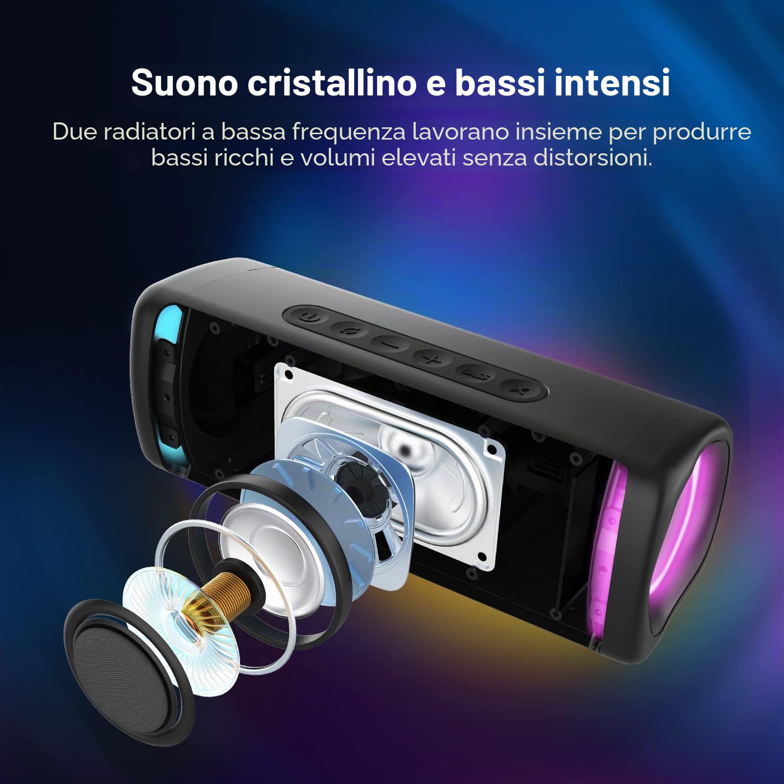 Cassa Bluetooth Portatile Potente, 20W Altoparlante Bluetooth Waterproof IP67, Bassi Potenti, Associazione Stereo, Speaker Wireless Bluetooth 5.0 con Luce LED, Microfono Incorporato, TF/AUX
