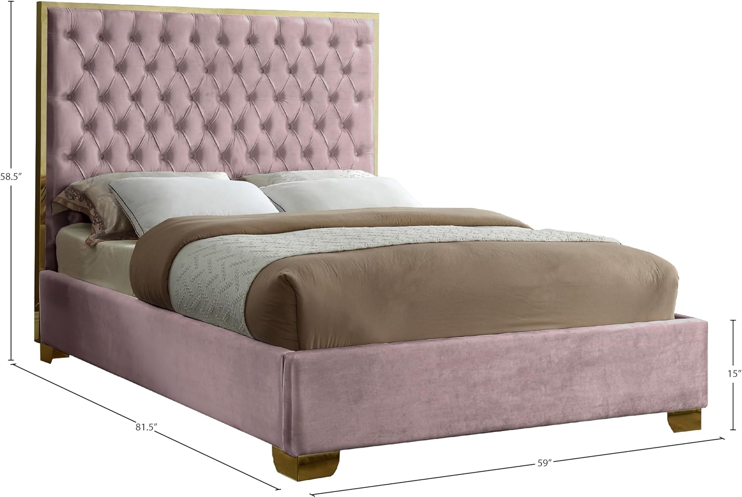 Meridian Furniture Lana Collection Modern | Contemporary Velvet Upholstered Bed with Deep Detailed Tufting and Gold Legs, Full, Pink