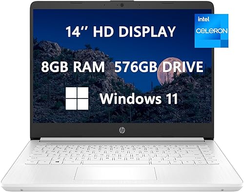 HP Portátil de 14 HD, actualización 2023, Intel Celeron N4120 (4 núcleos), 8 GB de RAM, 576 GB (64 GB SSD + tarjeta de 512 GB), cámara web,