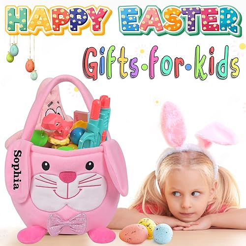 Miniatura 4 de Touber - Canastas de Pascua personalizadas para niños, cestas de Pascua con orejas de conejo, cestas de Pascua personalizadas para niños y niñas,