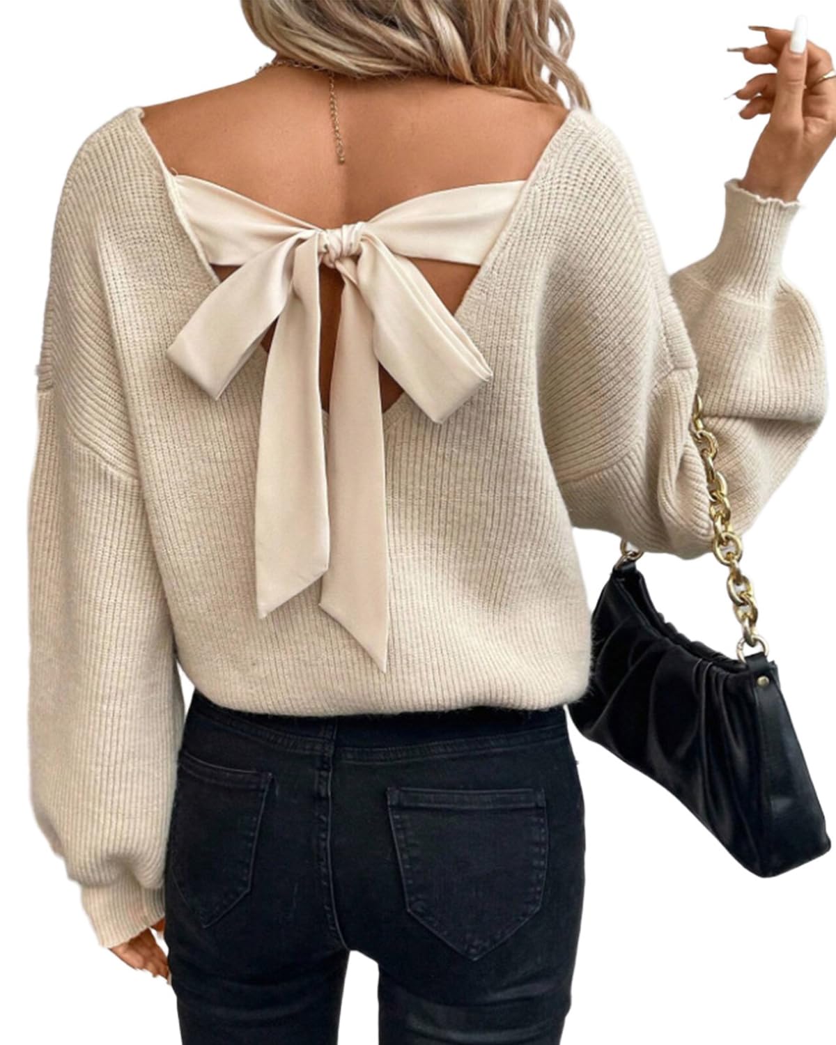 Womens Bow Cable Knit Sweater V Neck Lantern Sleeve Pullover Tops Casual Back Bow Knot Fashion Sweaters