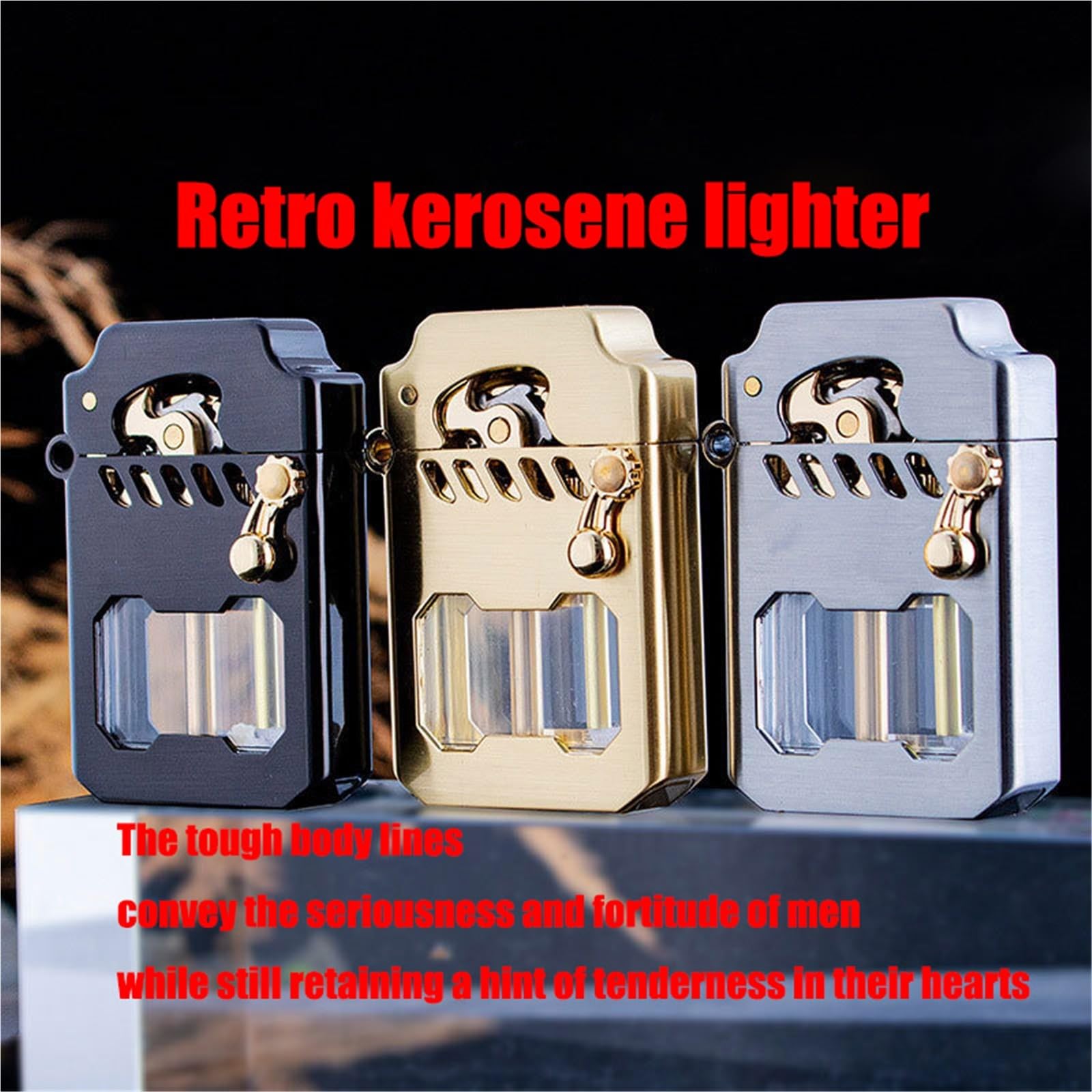 Encendedor de queroseno, de metal, resistente al viento, con tanque de aceite transparente, diseño vintage para acampar al aire libre, senderismo, pesca, idea de regalo, llama ajustable