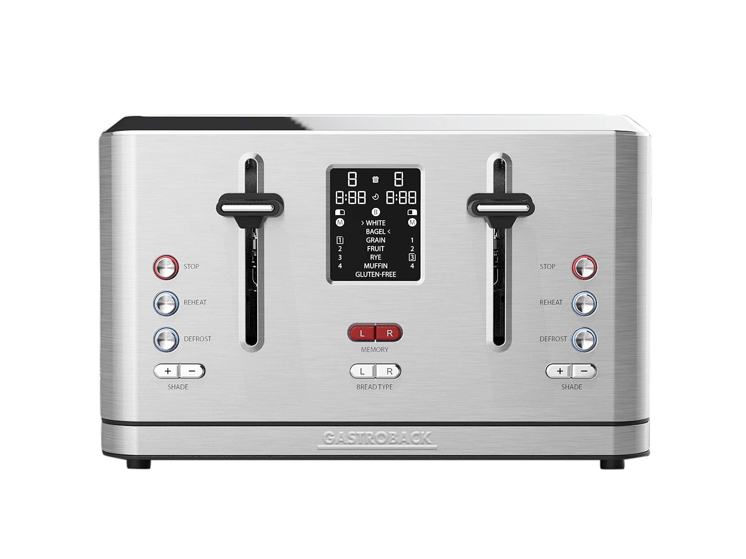 GASTROBACK #42396 - Tostapane digitale 4S, 4 fette, inserto per panino integrato, 7 programmi per toast, display LCD a conto alla rovescia, 950 Watt, cassa in acciaio inox, colore: Argento