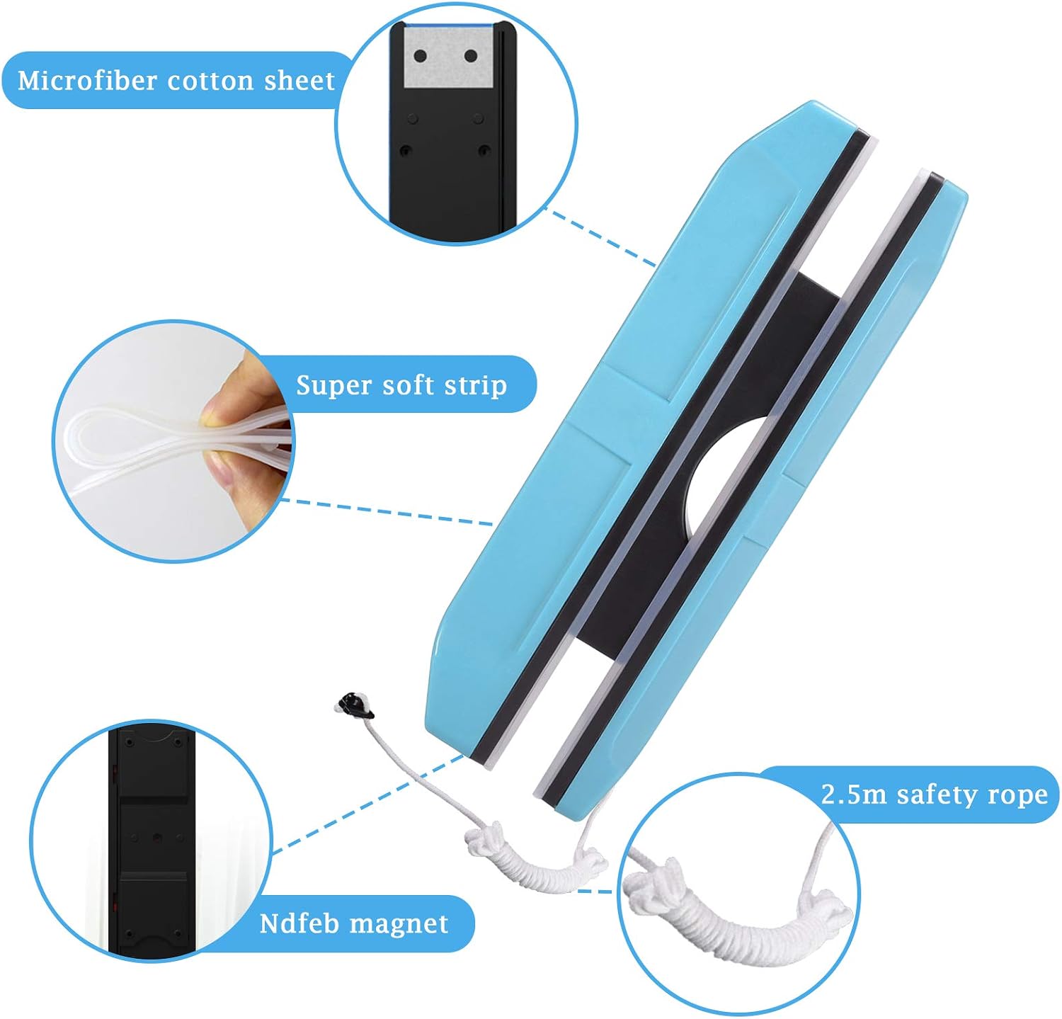 Double-Side Magnetic Window Cleaner Glass Wiper Magnet Power Glass Surface Cleaning Brush Tool for 3-8MM / 0.1"-0.3" Single Glazed Windows Two Sides Cleaning (Blue)