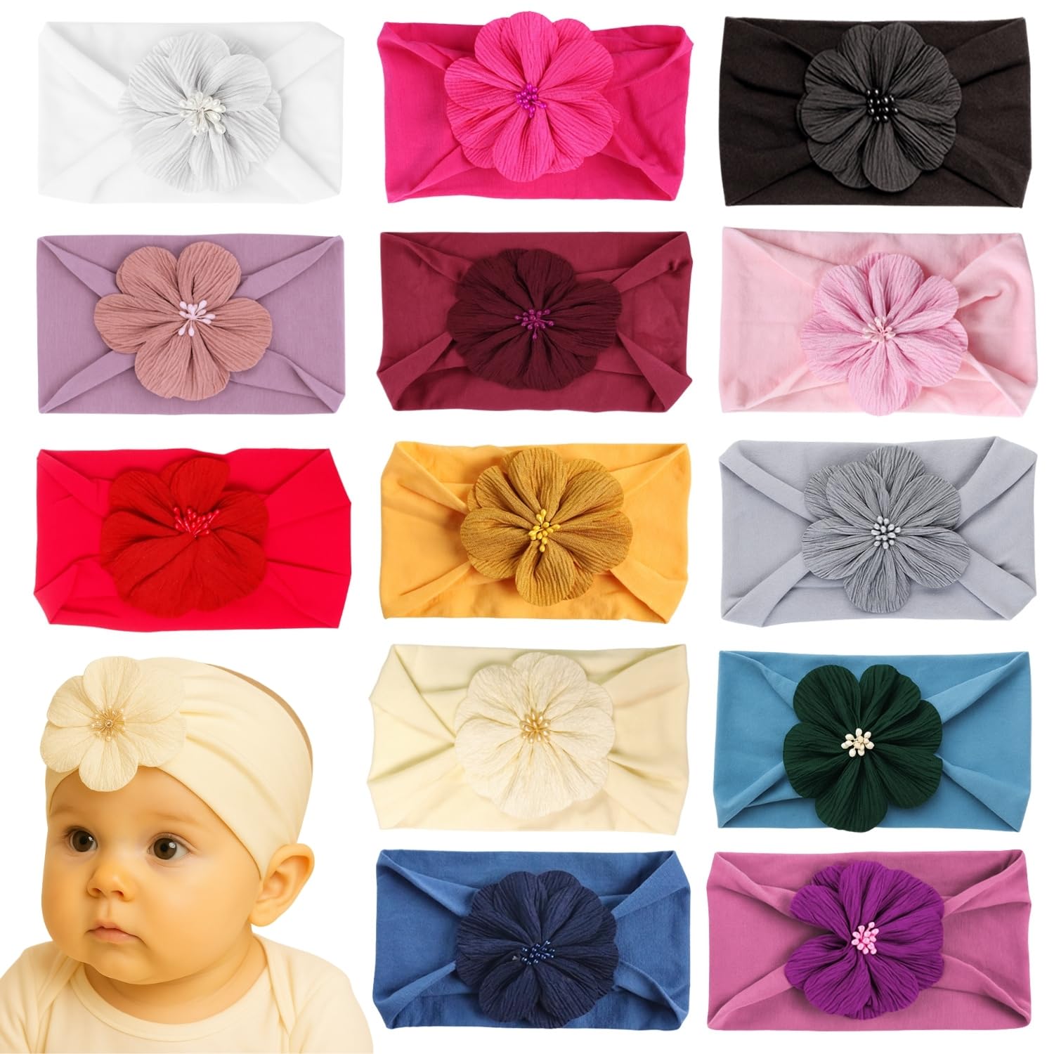 13 Pcs Baby Headbands Soft Cotton Blend, Stretchy Elastic Headband with Assorted Patterns for Newborns, Infants & Toddlers Stylish Hair Accessories-image-41