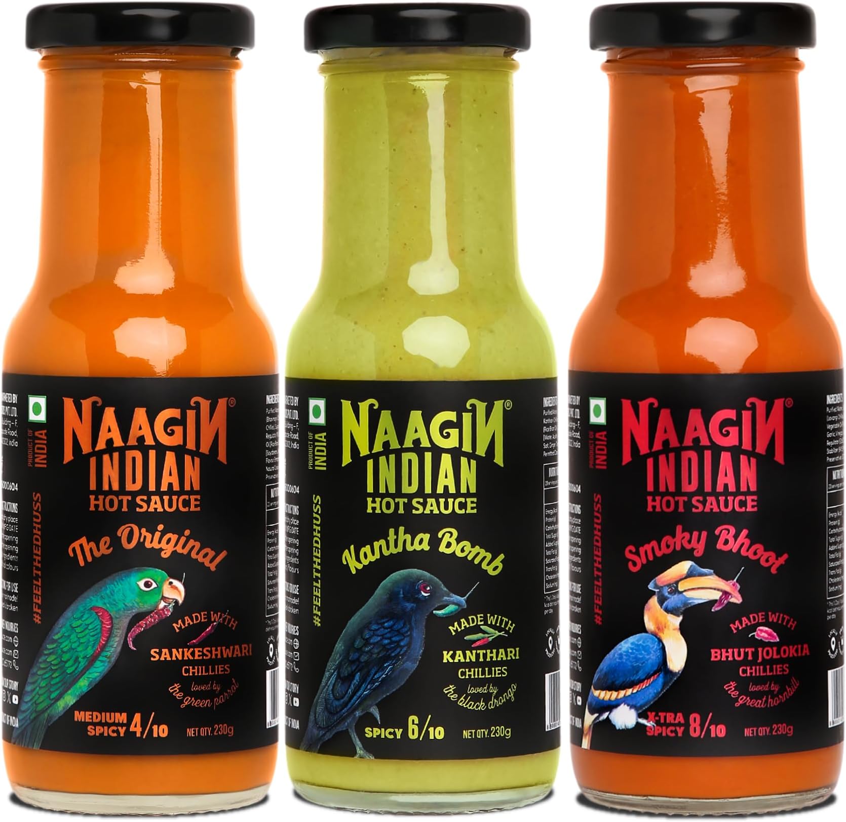 NAAGIN Indian Hot Sauce Combo (Original x 1, Kantha x 1, Bhoot x 1) Pack of 3 (230g X 3 = 690g)