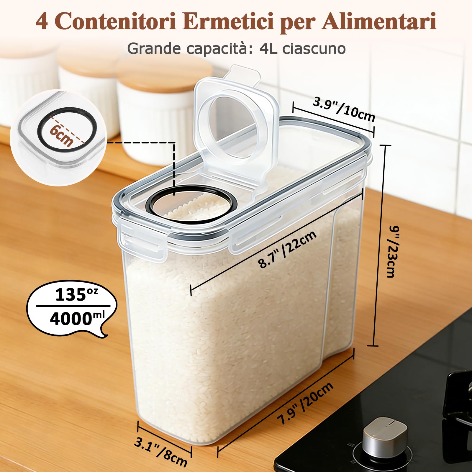Contenitori Ermetici Alimentari con Coperchio 4L – Set da 4 Scatole di Conservazione per Cucina in Plastica, Ideale per Farina, Muesli, Cornflakes e Cereali, Include 8 Etichette e 1 Pennarello