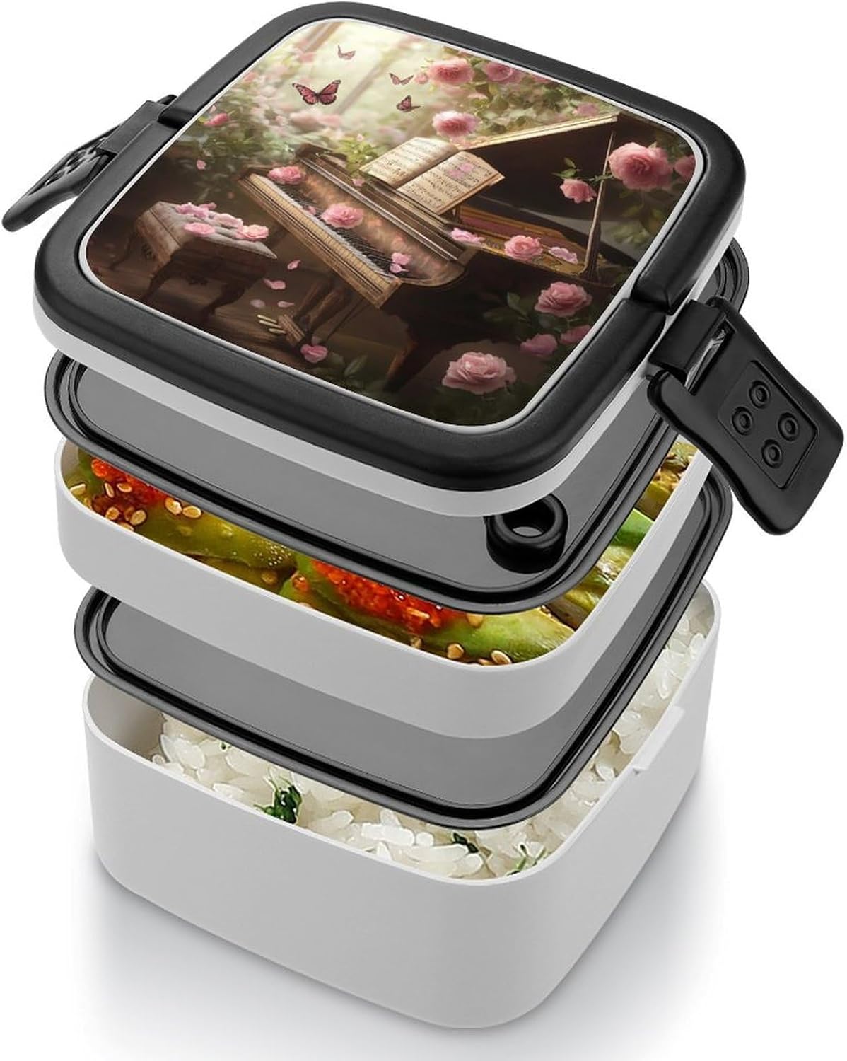 Piano Floral Gothic Flower Bento Box with Spoon 2 Layer Food Container Cute Lunch Box for Travel Dining Work