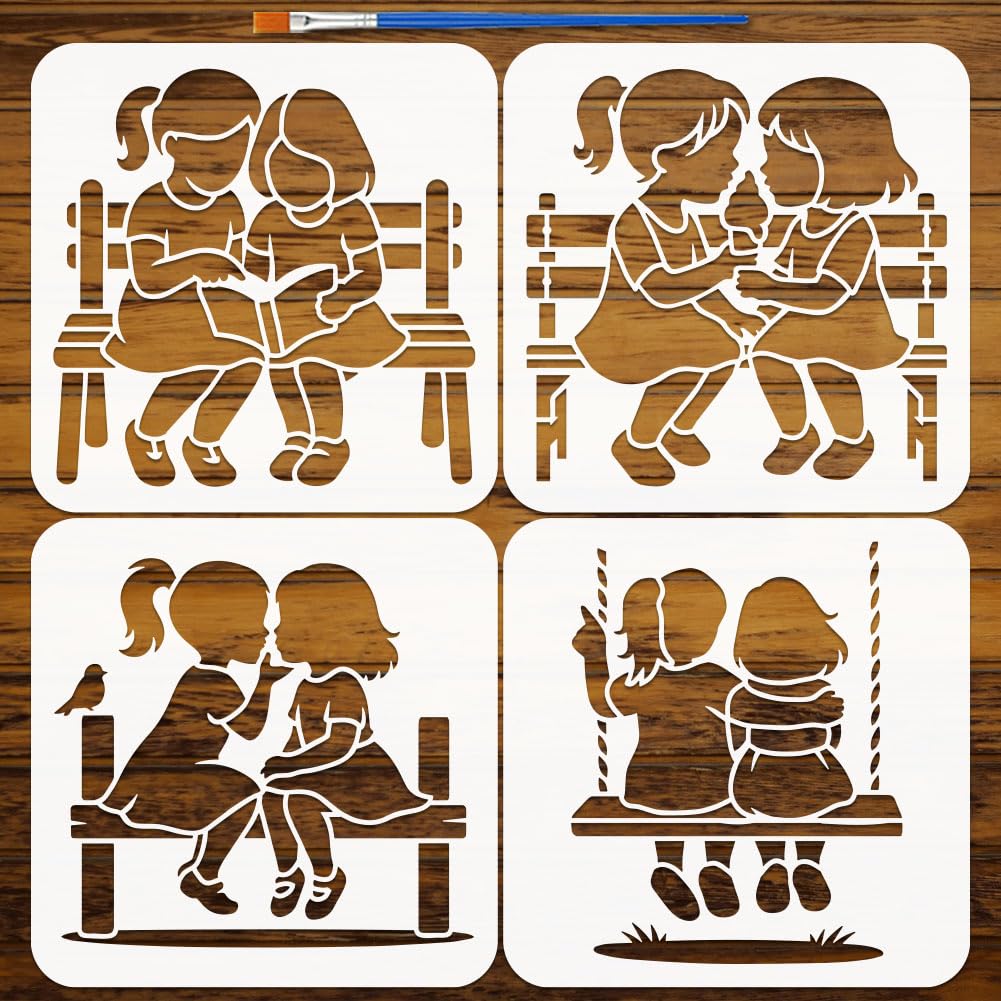 FINGERINSPIRE 4PCS Friends Stencils 20x20cm with a Brush Sisterly Friendship Painting Stencils Family Affection Drawing Template Warm Themes Stencil for DIY Art Wood Wall Furniture Home Decoration