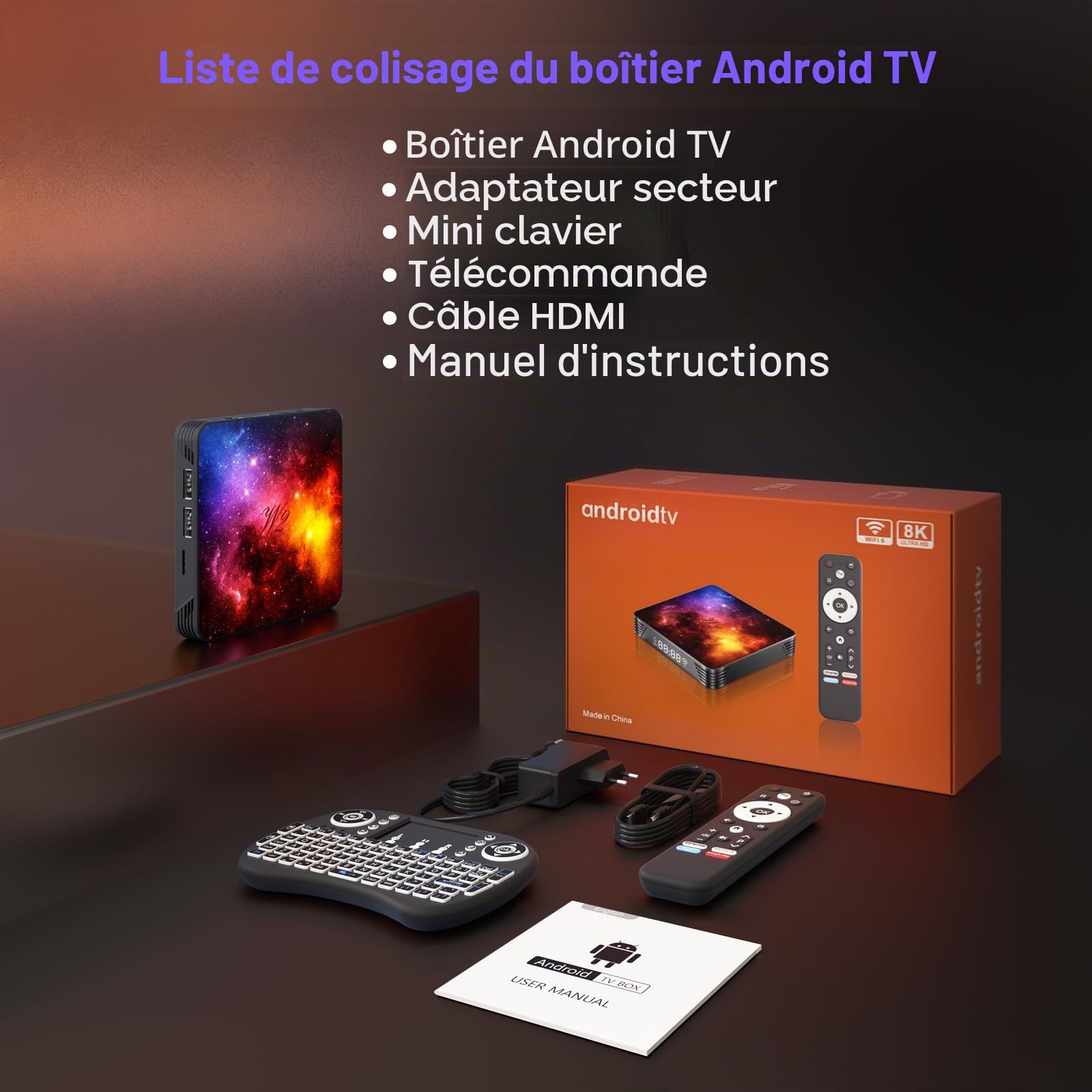 Boîtier Android TV 14, 4Go RAM et 64Go ROM,Mini Clavier Fourni