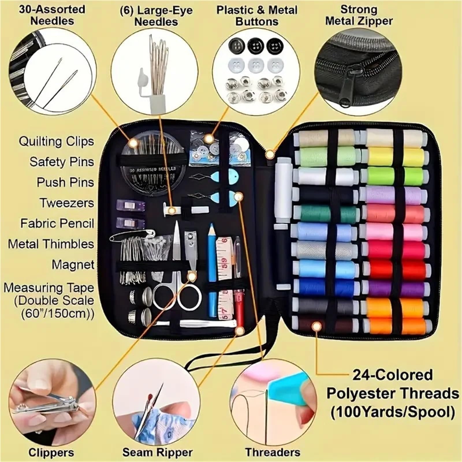 Kit de costura con suministros de costura y accesorios, hilos de 24 colores, kit de aguja e hilo para arreglos pequeños, kit de costura Basi (A)