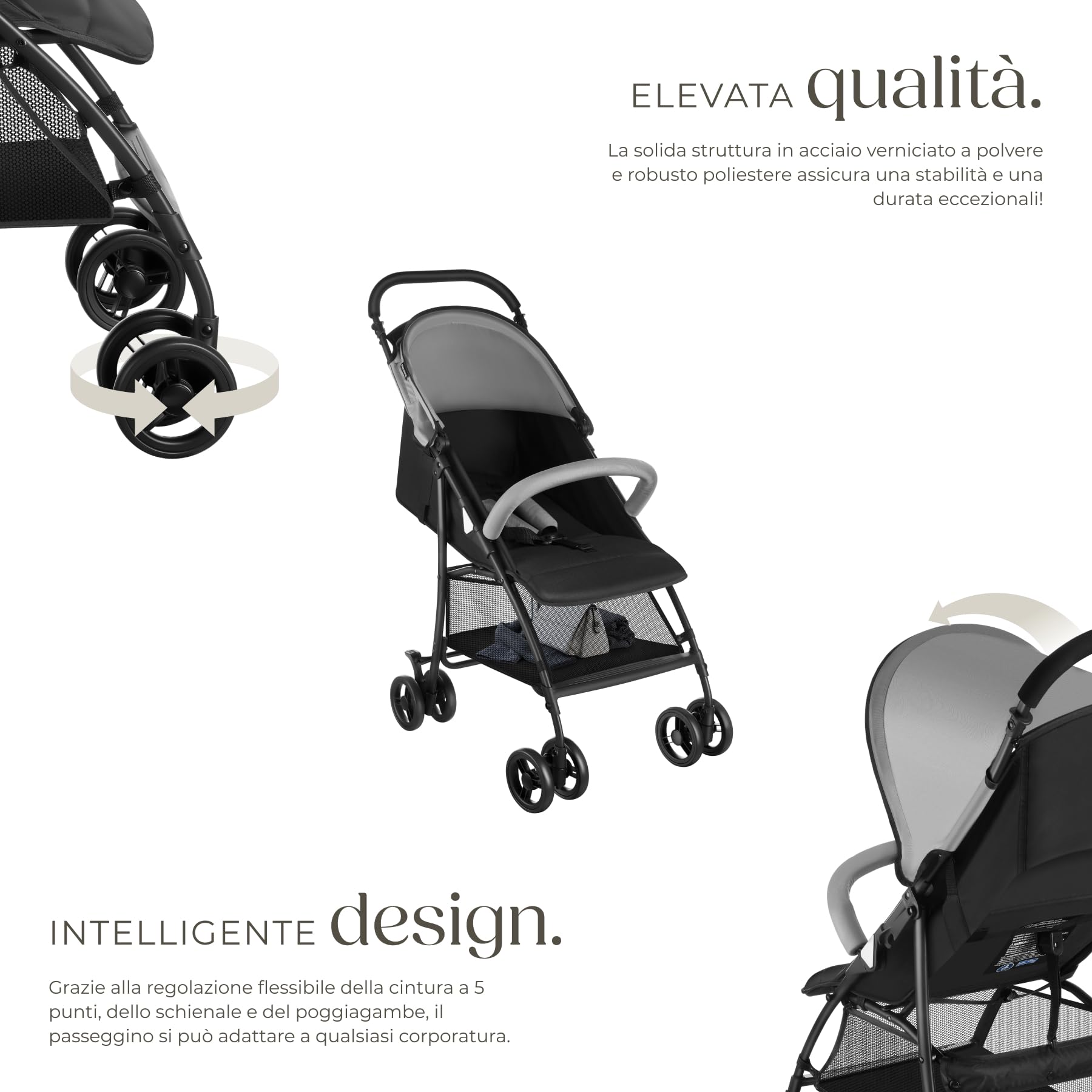tectake® Passeggino Pieghevole per Bambini da 0 a 3 Anni, Passeggino Leggero con Cintura a 5 Punti Regolabile, Freno a Pedale, Tettuccio Parasole, Ruote Girevoli, Freno a Pedale – Nero