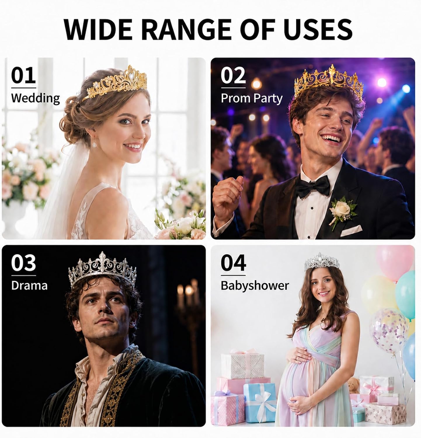 4 Pcs Prom King and Queen Crown Set, Baroque King and Queen Princess Alloy Tiara Crowns for Wedding Bridal Birthday Party Favors (Gold & Silver)