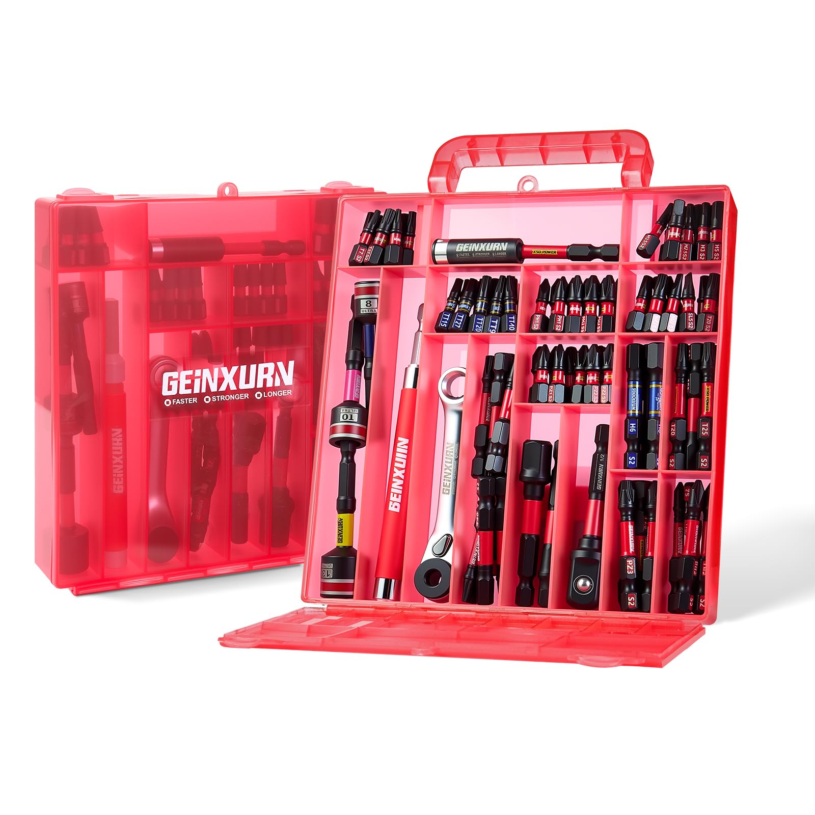 Geinxurn Juego de 99 puntas de destornillador (Torx, cruz, PZ, hex, SL), acero S2, magnético, vástago hexagonal de 1/4 pulgadas, incluye soporte de puntas, adaptador, llave de vaso, llave inglesa con