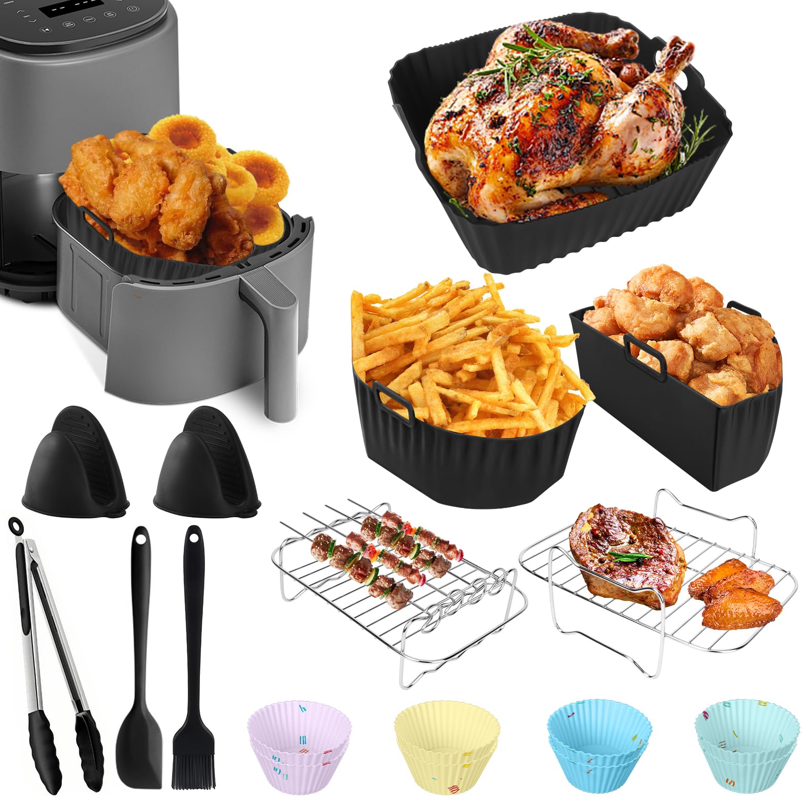Accesorios Freidora de Aire, 22 Piezas Molde Silicona Freidora de Aire, Airfryer Accessoire para Freidora Para Ninja AF140EU/AF180EU, Cosori 4,7L/5,5L/6L/6,2L Philips 6.2L/7.2L, Cecotec 5L/5,5L/6L etc
