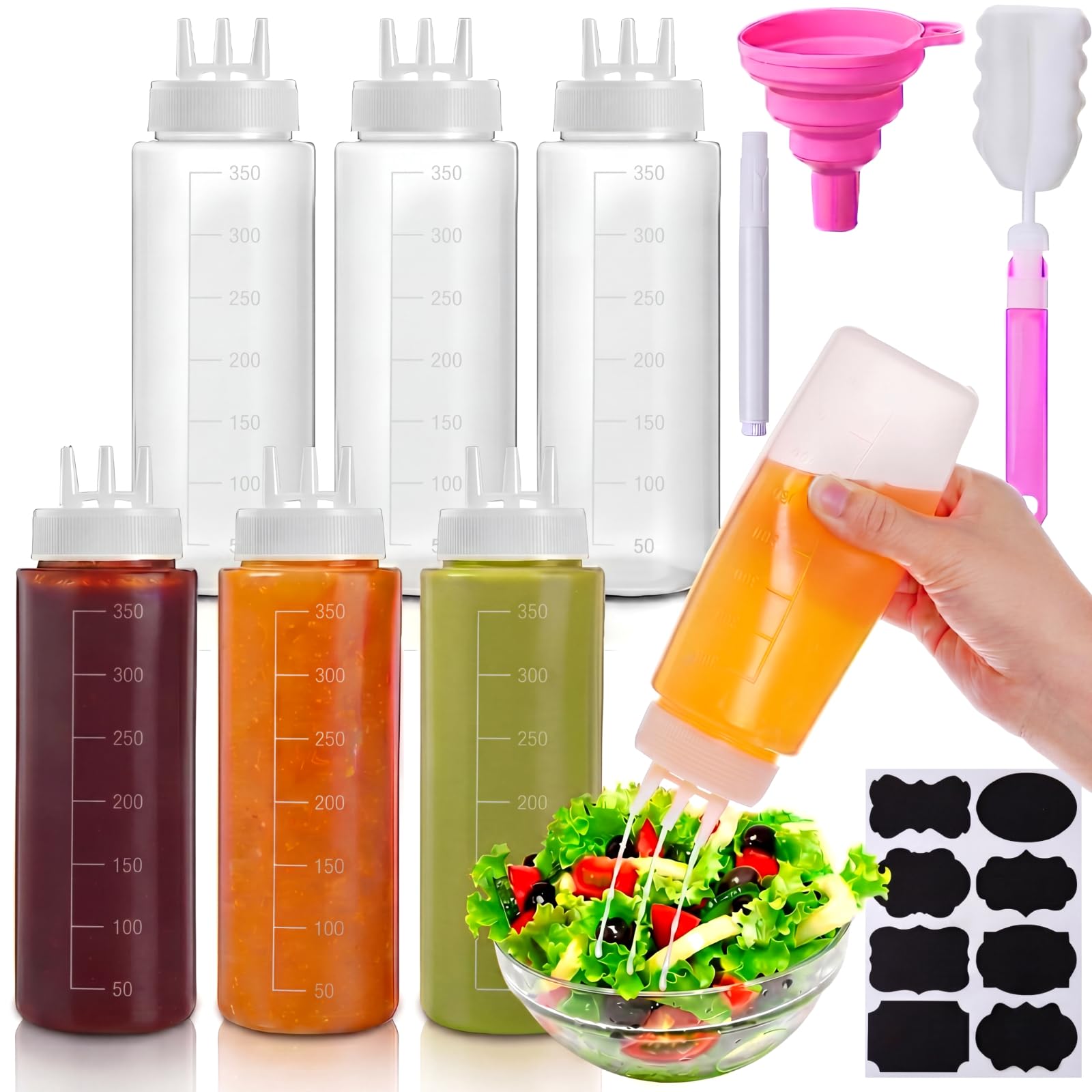 LemonRoad 6 Pcs 3 Hole Squeeze Bottles for Sauces Plastic Condiment Squeeze Bottles Tomato Sauce Ketchup Dispensers Salad Dressing Container Squirt for Oil BBQ Paint Pancake Craft (12 Oz/ 350 ml)