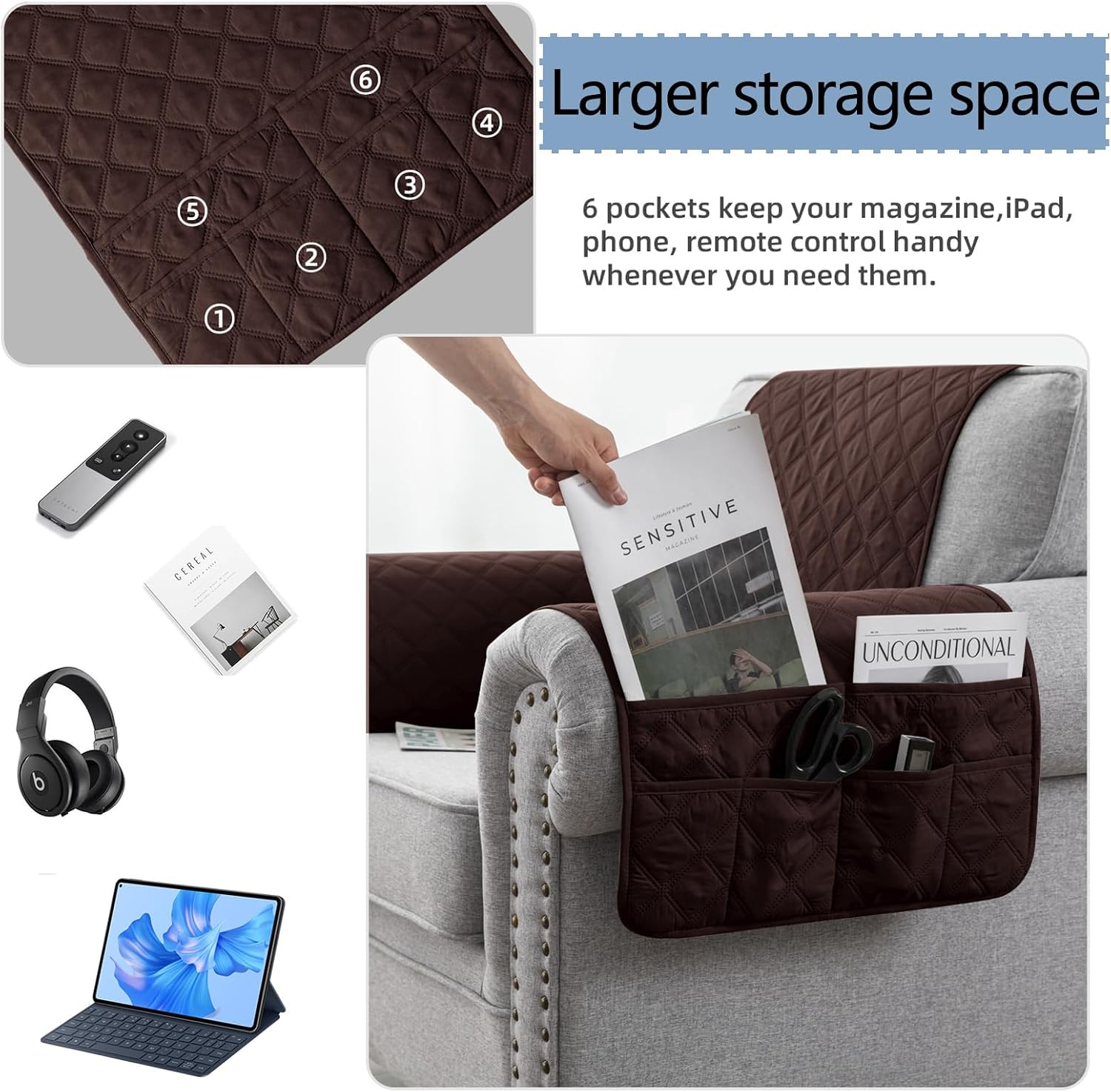 1/2/4 PCS Armrest Cover Organiser Anti-Slip Waterproof Armchair Bag with 6 Side Pocket for Recliner Chair Quilted Furniture Protector for Living Room Couch (Coffee,4PCS)