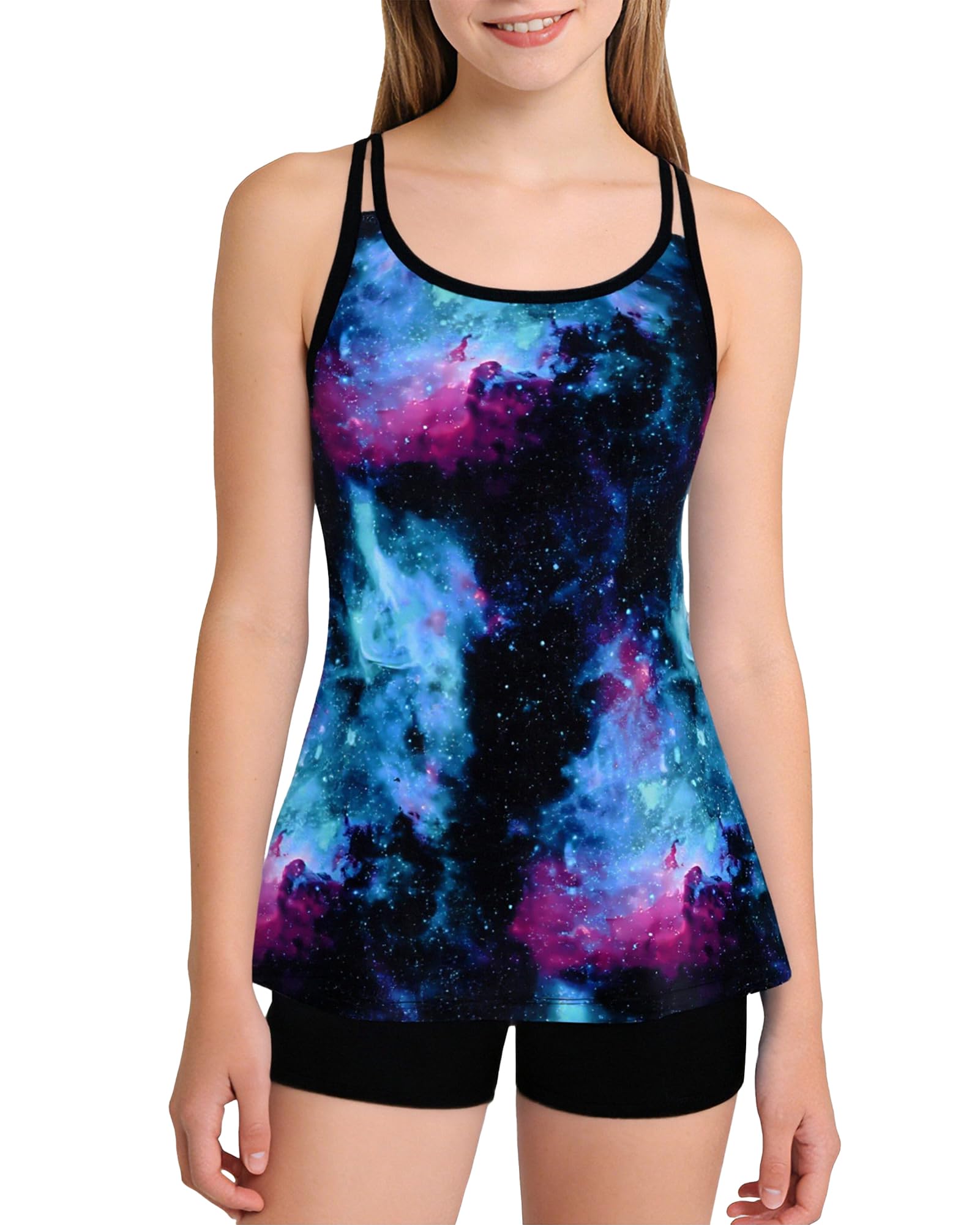 Amissz 2-Teilig Badeanzug Mädchen mit Gepolstertem BH 7–16 Jahre, Mädchen Badeanzug Tankini-Set Schnell Trocknend, Tankini Badeanzug Fließendes Tanktop mit Shorts Badeanzug für Teenager