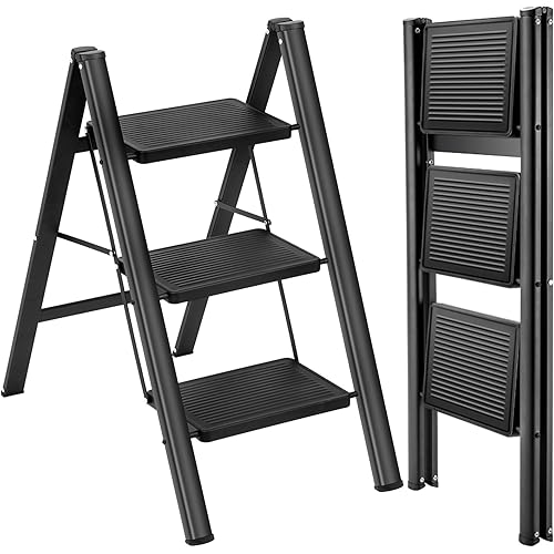GPUSFAK 3 Step Ladder, Multi-Purpose Sturdy Lightweight Portable Folding Step Stool with Wide Anti-Slip Pedals for Adults Home and Office, 500lbs Capacity Flower Shelf Stepladders(Black)