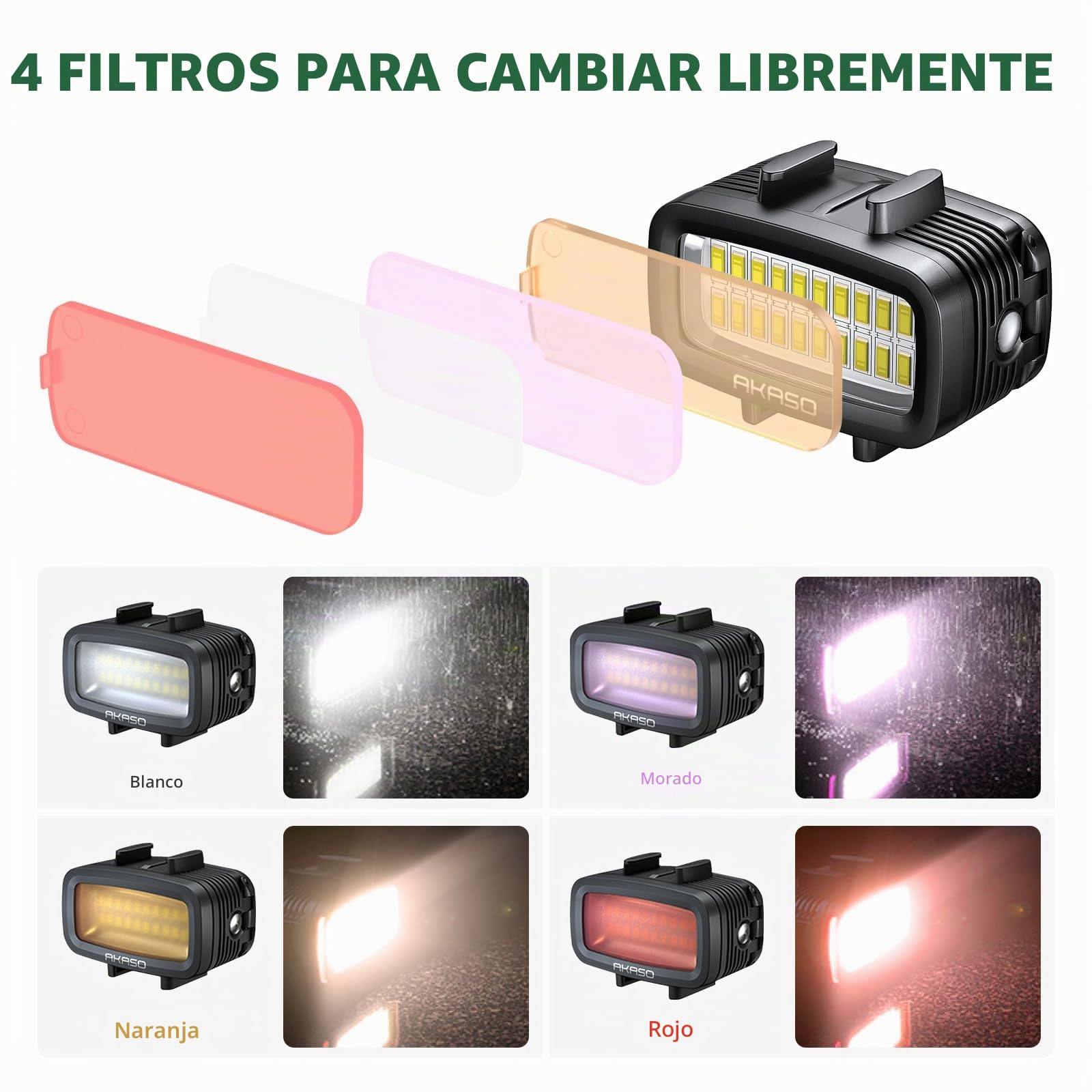AKASO Luz subacuática de 131 pies (40 m) Luz de buceo impermeable de alta potencia regulable LED luz de video con soporte de zapata fría y 4 filtros de color para cámaras de acción Gopro/AKASO y