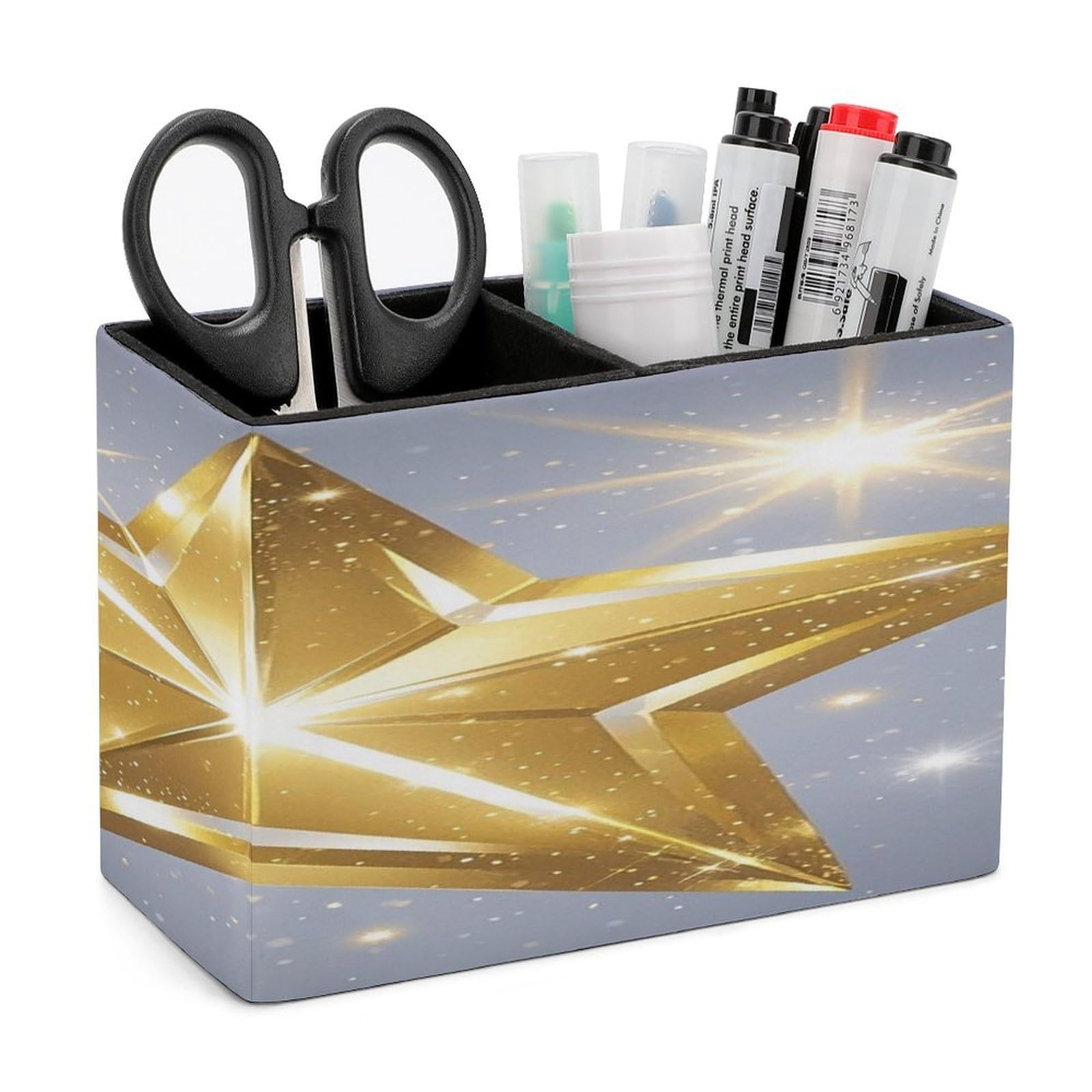 FekiLoot Gold Star Pen Holders for Desk Small Remote Control Holder Leather Pencil Cup with Double Compartments Desktop Organizer for Table Desk Office Space Saving