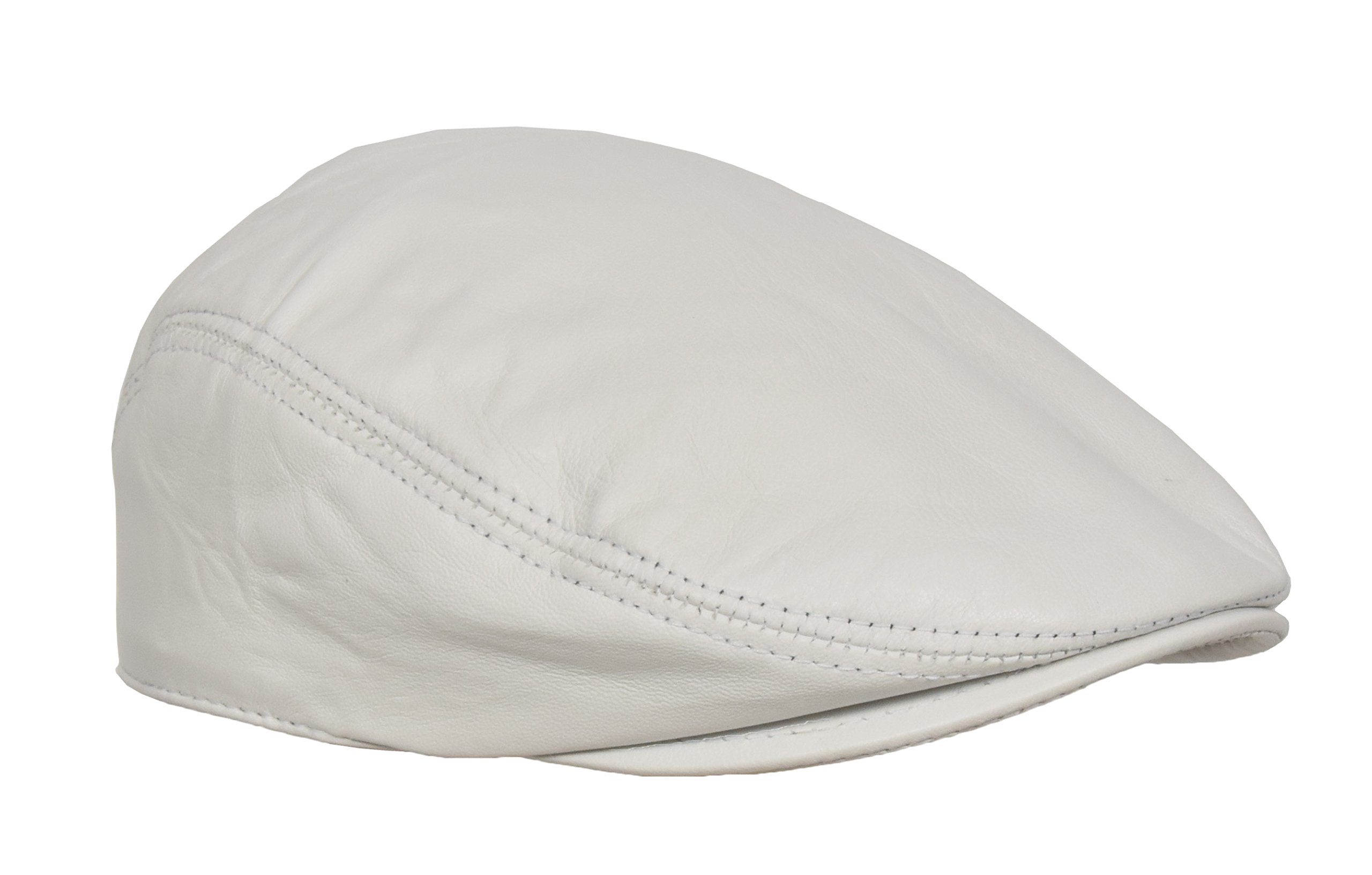House Of Leather Unisex White Real Leather Flat Cap Newsboy Ivy Peaked Gatsby Golf Cabbie Hat (, 59)