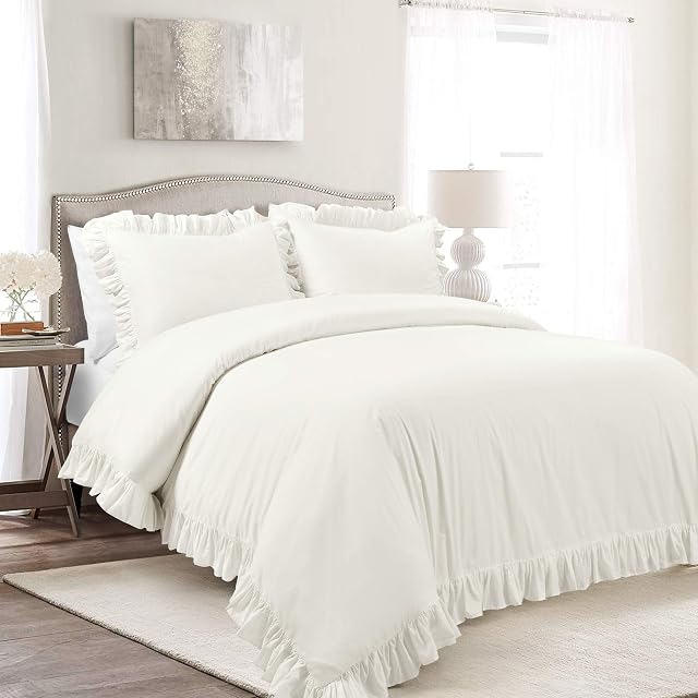Lush Decor Reyna 3-Piece Ruffled Duvet Cover Bedding Set, California King, White