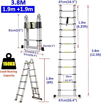 Aluminium Telescopic Folding Loft Ladder, 3.8M Multi Purpose A Frame with Stabiliser, 6+6 Steps Foldable Extension Ladder for Attic, Roof, Home