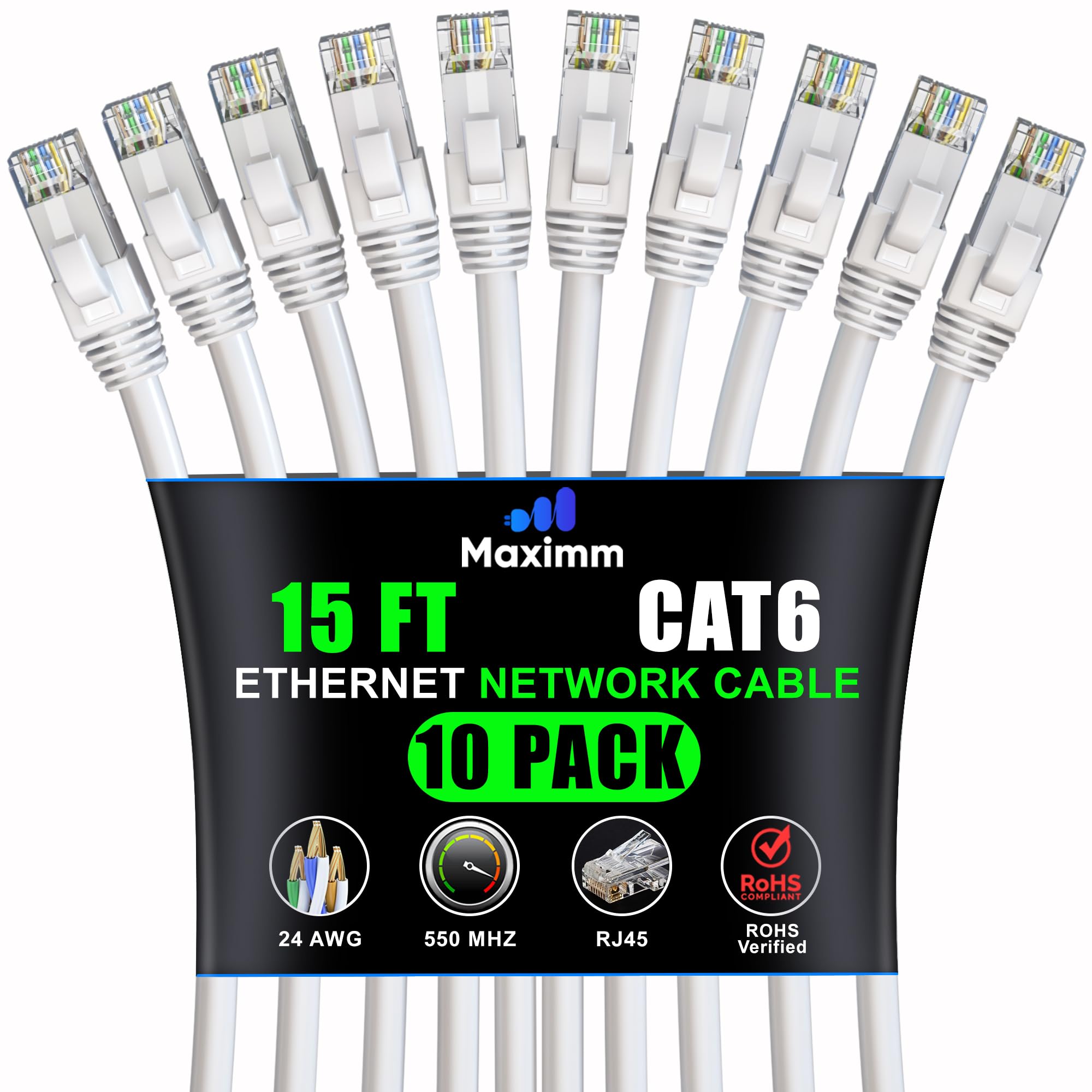 Maximm Cavo Ethernet Cat 6 da 4,6 m (confezione da 10) - Cavo LAN ad alta velocità, cavo Internet, cavo patch e cavo di rete - UTP, 10 Gbps, 550 MHz - Bianco