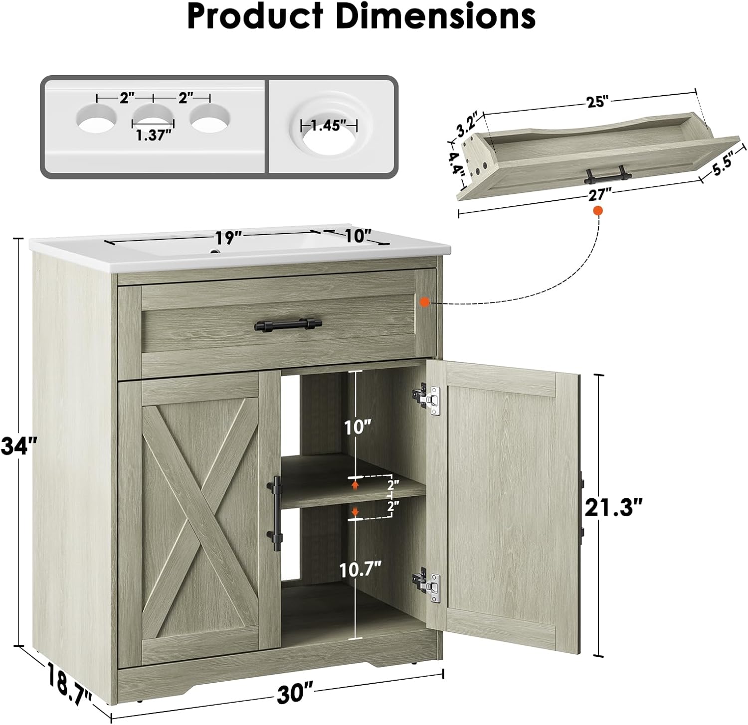 Amada 30″ Bathroom Vanity with Ceramic Sink, Farmhouse Undermount Vanity Sink Cabinet with 2 Doors and 1 Drawer, Free Standing Bathroom Cabinet with Sink Combo Set, Grey