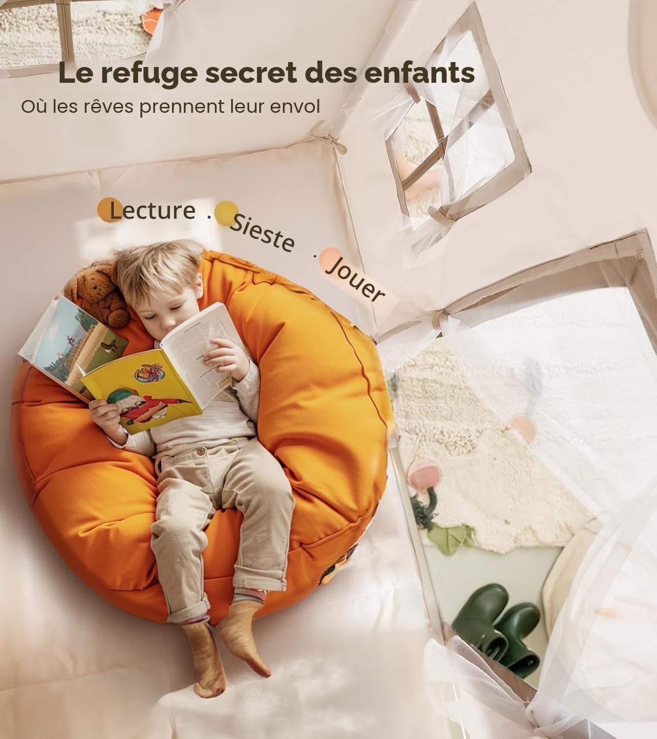 MUHMUH Tente de jeu intérieure pour enfants, avec fenêtre, maison d'enfant, coin câlin, décoration de chambre d'enfant (couleurs neutres)